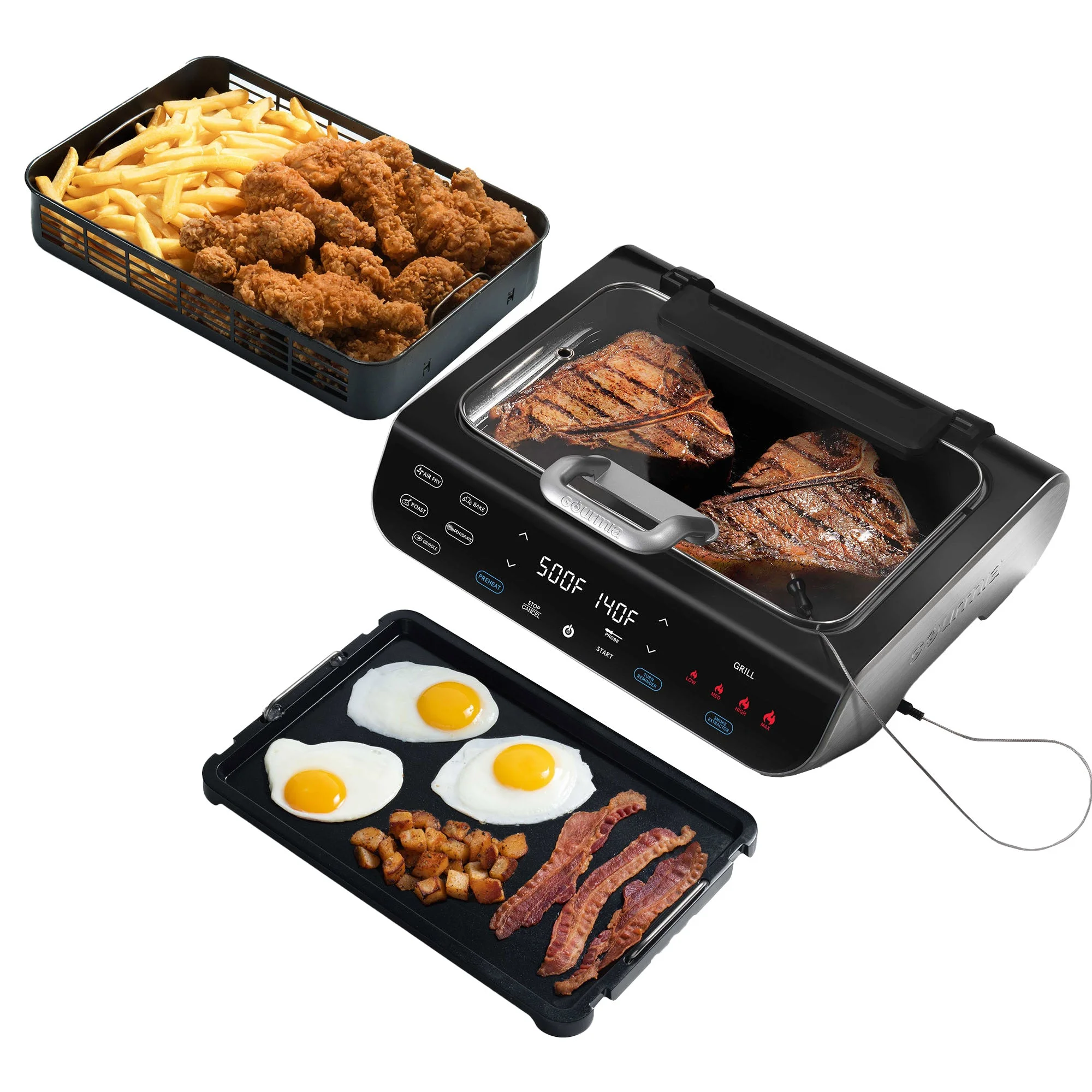 Gourmia Foodstation Smokeless Grill, Griddle, & Air Fryer with Built-in Temperature Probe