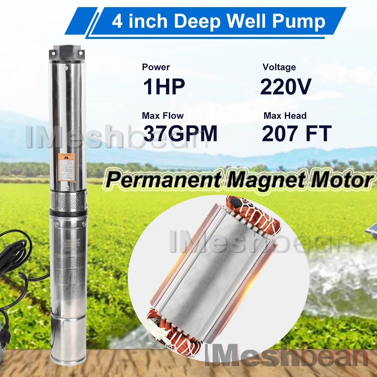 iMeshbean Deep Submersible Well Pump 1HP 220V,207ft Head 33GPM with 100ft Cord,Submersible Well Pump 4' Stainless Steel Water Pumps for Industrial, Irrigation and Home Use w/ Control Box
