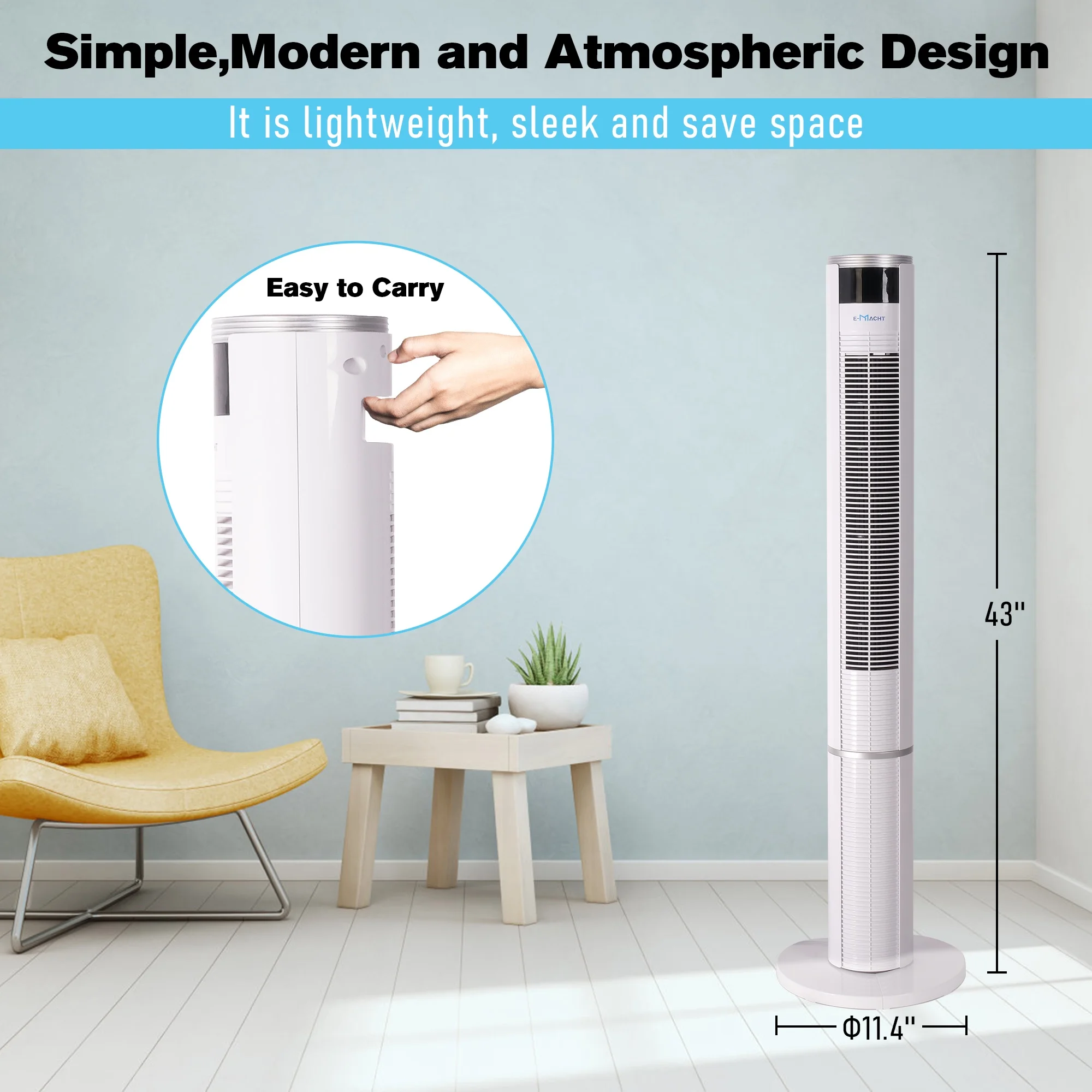 43-inch Tower Fan for Home Room Office, 80�� Oscillating Cooling Fan with 3 Speeds & 3 Modes, Bladeless Floor Standing Fans with 7H Timer|Remote Control|LED Display