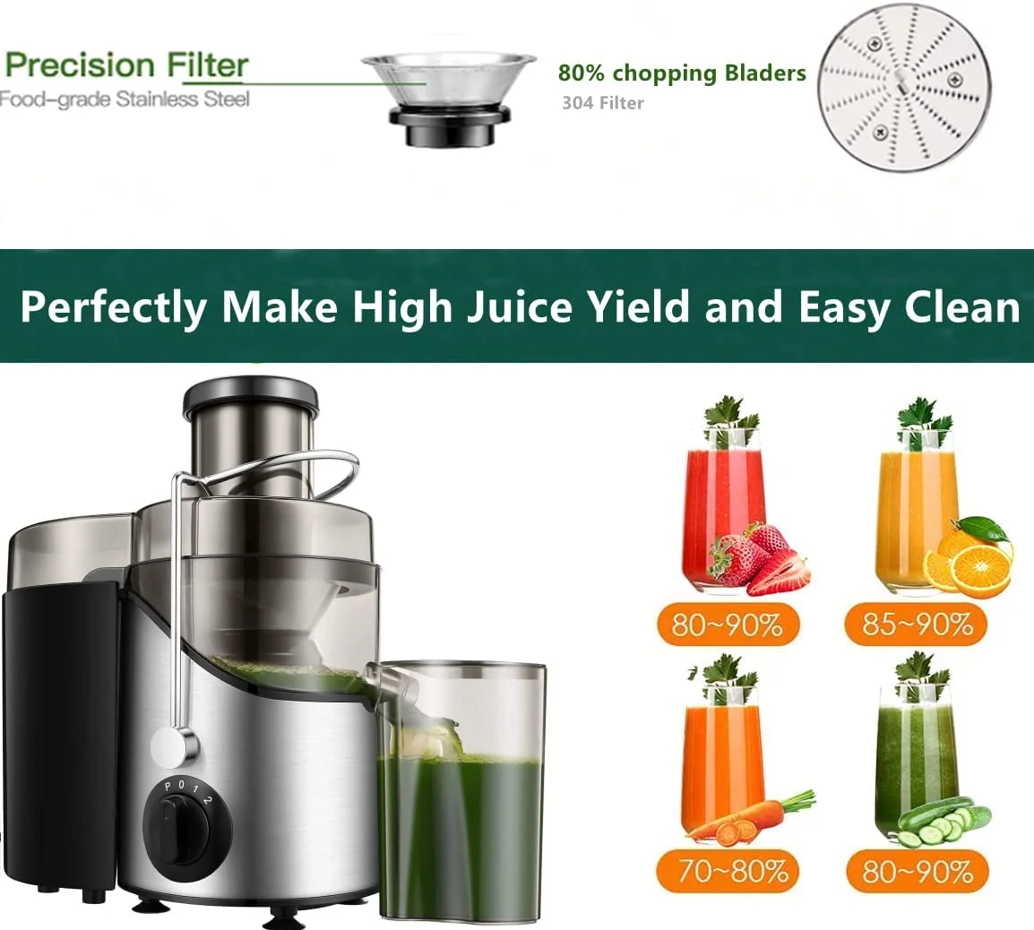Juicer Extractor 400W Machines, 3' Feed Chute Juice Centrifugal for Whole Fruit and Vegetables, BPA Free, 3 Speeds Stainless Steel Juice Maker, Detachable, Easy to Clean (Brush Included)