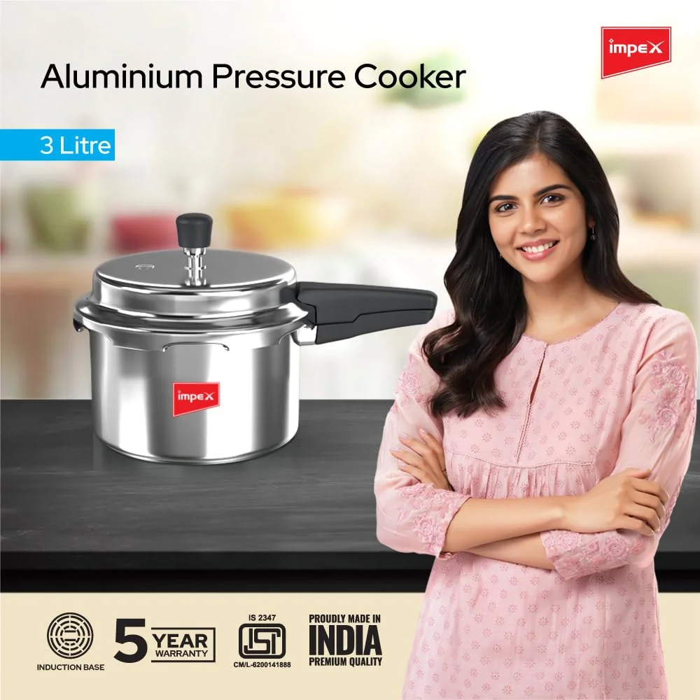 Impex 3 Litre Pressure Cooker Induction Base With Outer Lid, Pressure Cooker With Quick And Even Heating, Virgin Grade Aluminium Pressure Cooker, 5 Years Warranty (Silver