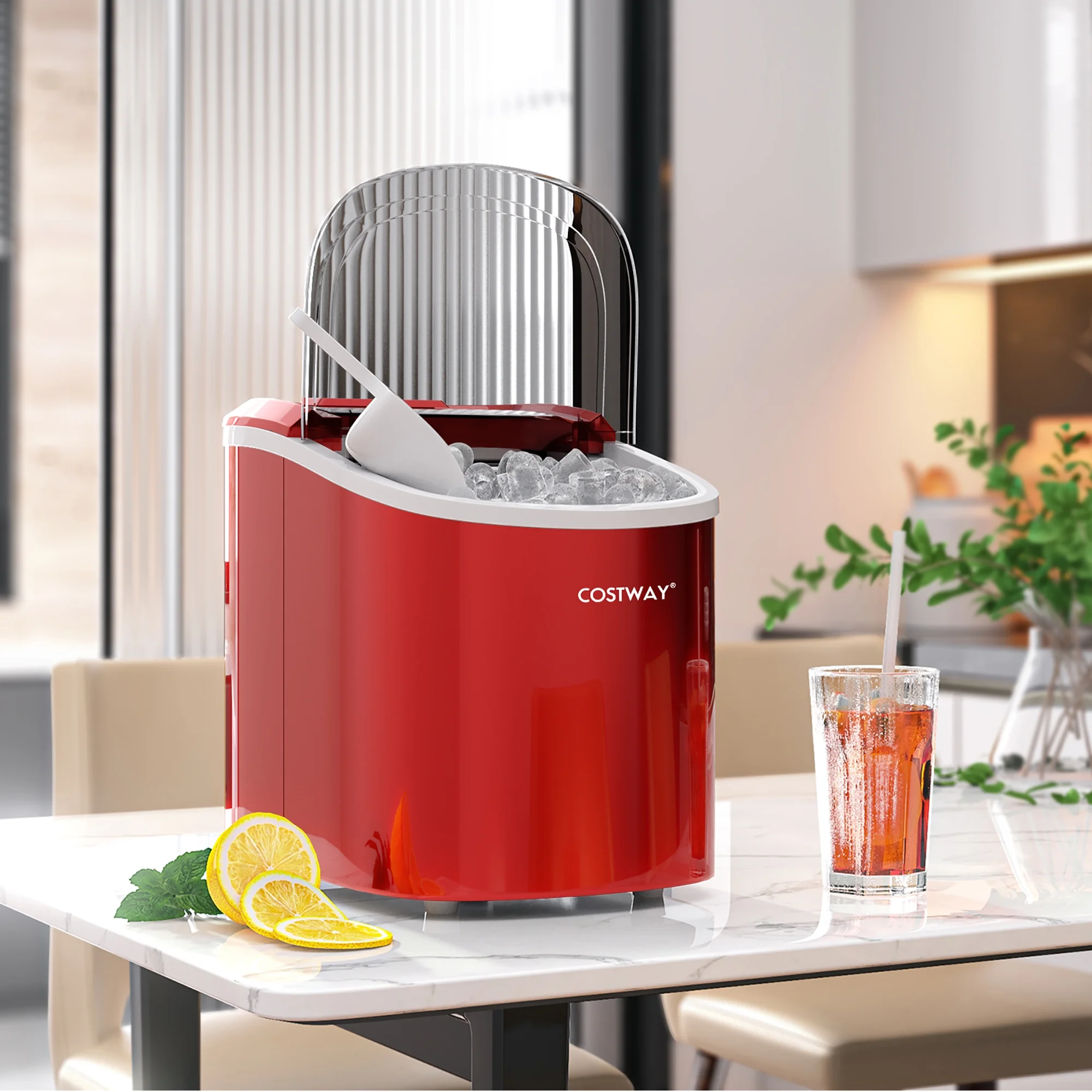 Costway Ice Maker Machine Countertop Automatic Ice Maker 27 LBS/24 Hrs w/ Scoop & Basket Red