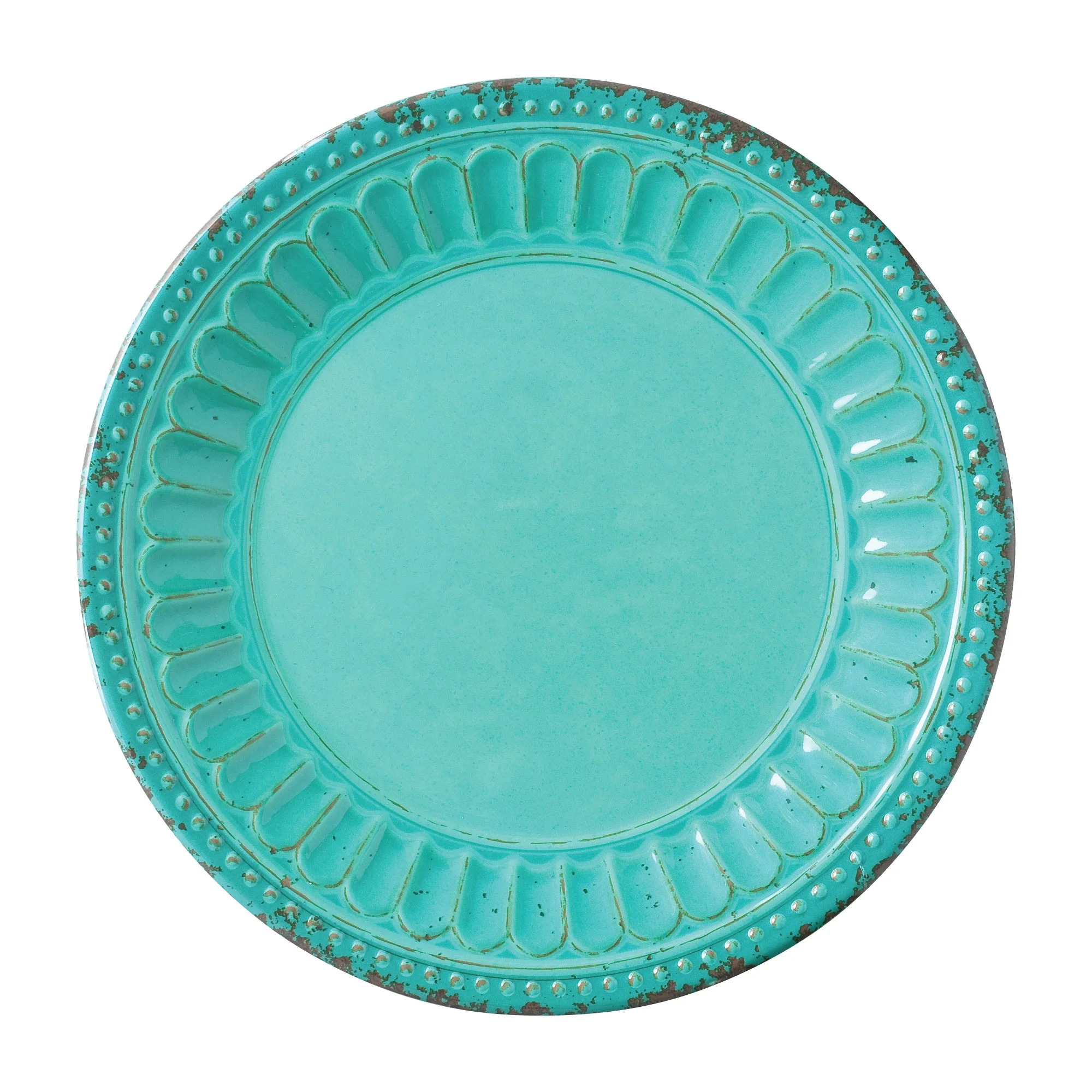 Gourmet Art 16-Piece Beaded Chateau Melamine Dinnerware Set, Turquoise, Service for 4. Includes Dinner Plates, Salad Plates, Dessert Plates and Bowls.