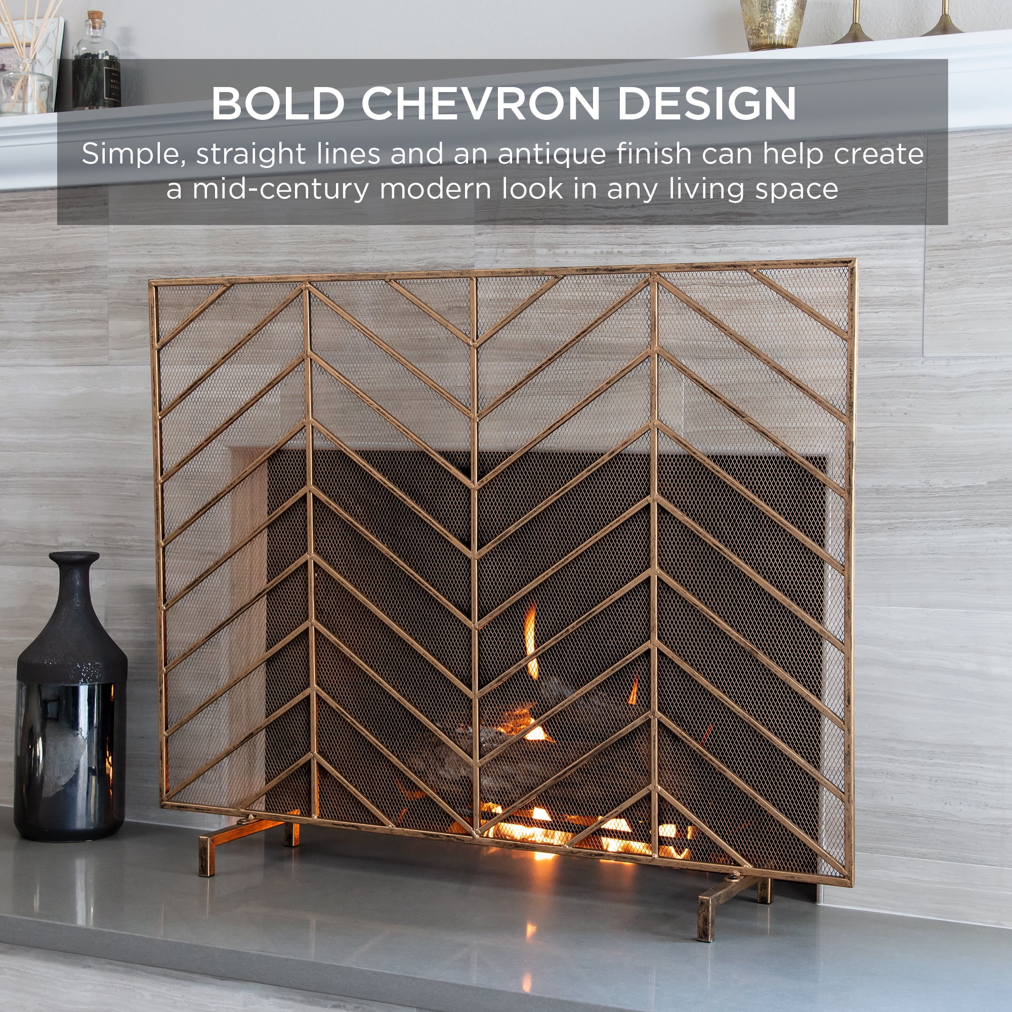 Best Choice Products 38x31in Single Panel Handcrafted Iron Chevron Fireplace Screen w/ Distressed Finish - Gold