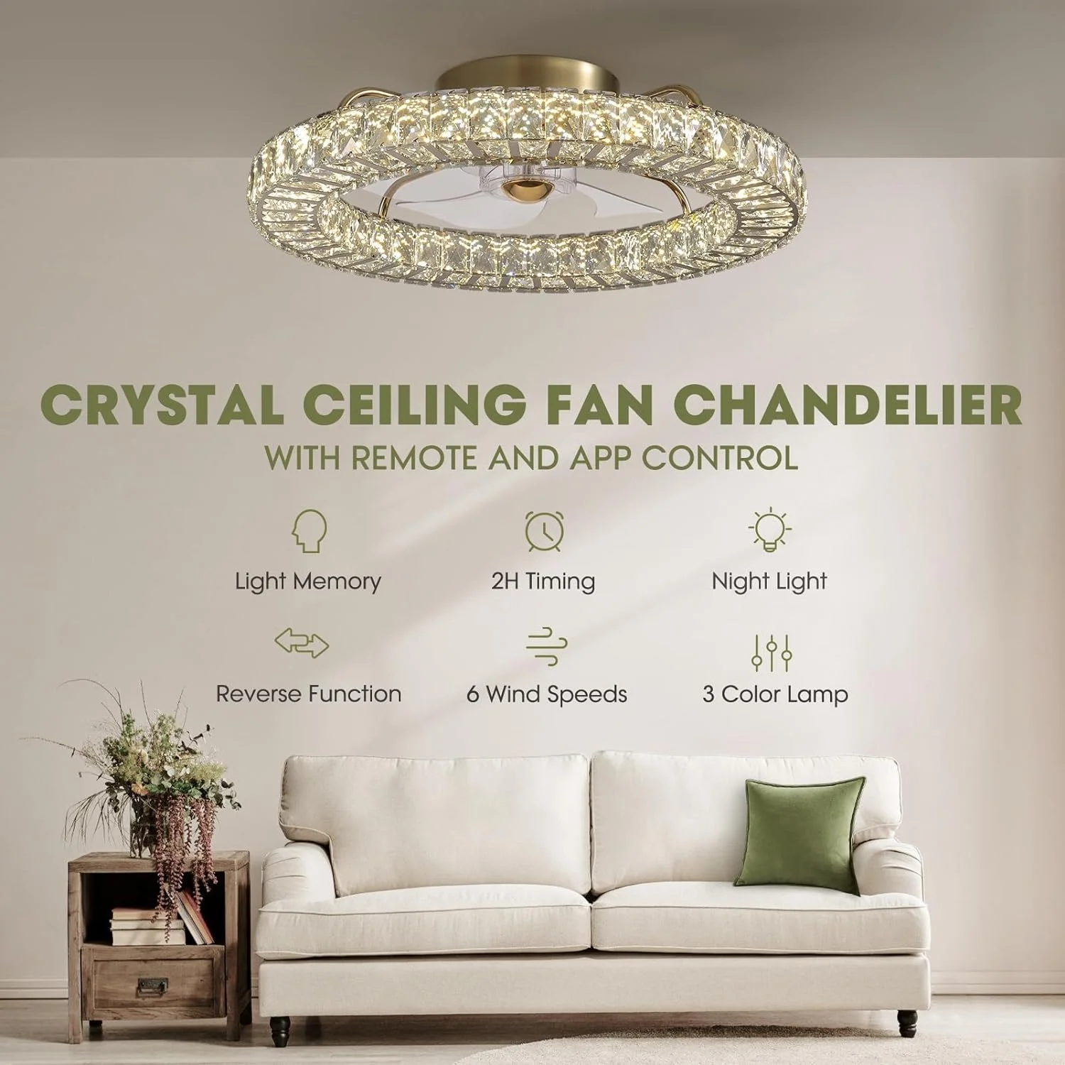 HOOMEDELIER Indoor Ceiling Fan with Light, 22' Modern Crystal Chandelier Ceiling Fan with Smart 4-Light Color Change, Luxury LED Ceiling Fan - Gold