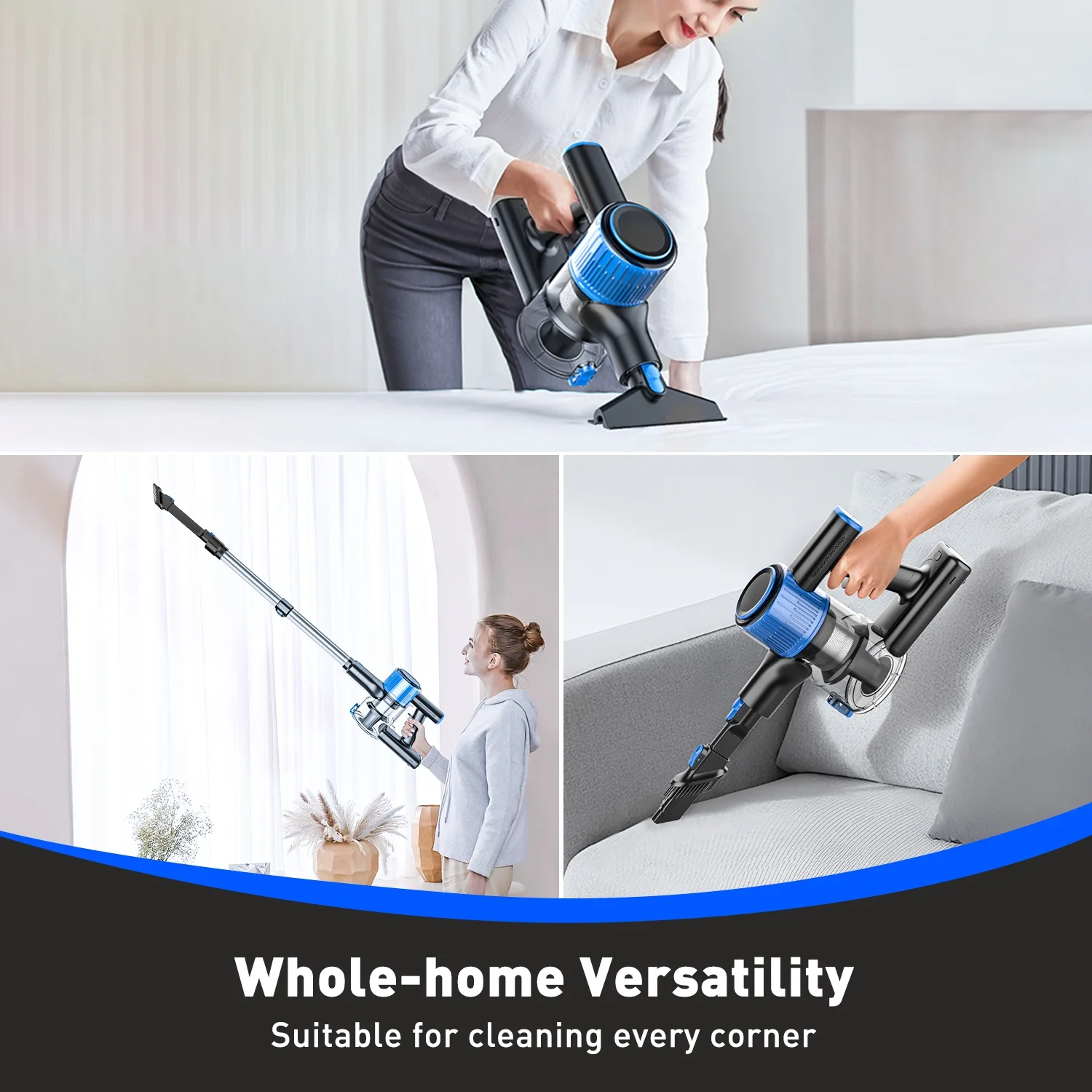 Cordless Vacuum Cleaner, 28Kpa 300W 8 in 1 Powerful Suction Stick Vacuum with LED Display, 3 Suction Modes, Anti-Tangle Lightweight Vacuum for Home, Hardwood Floor, Low Carpets, Pet Hair, Blue