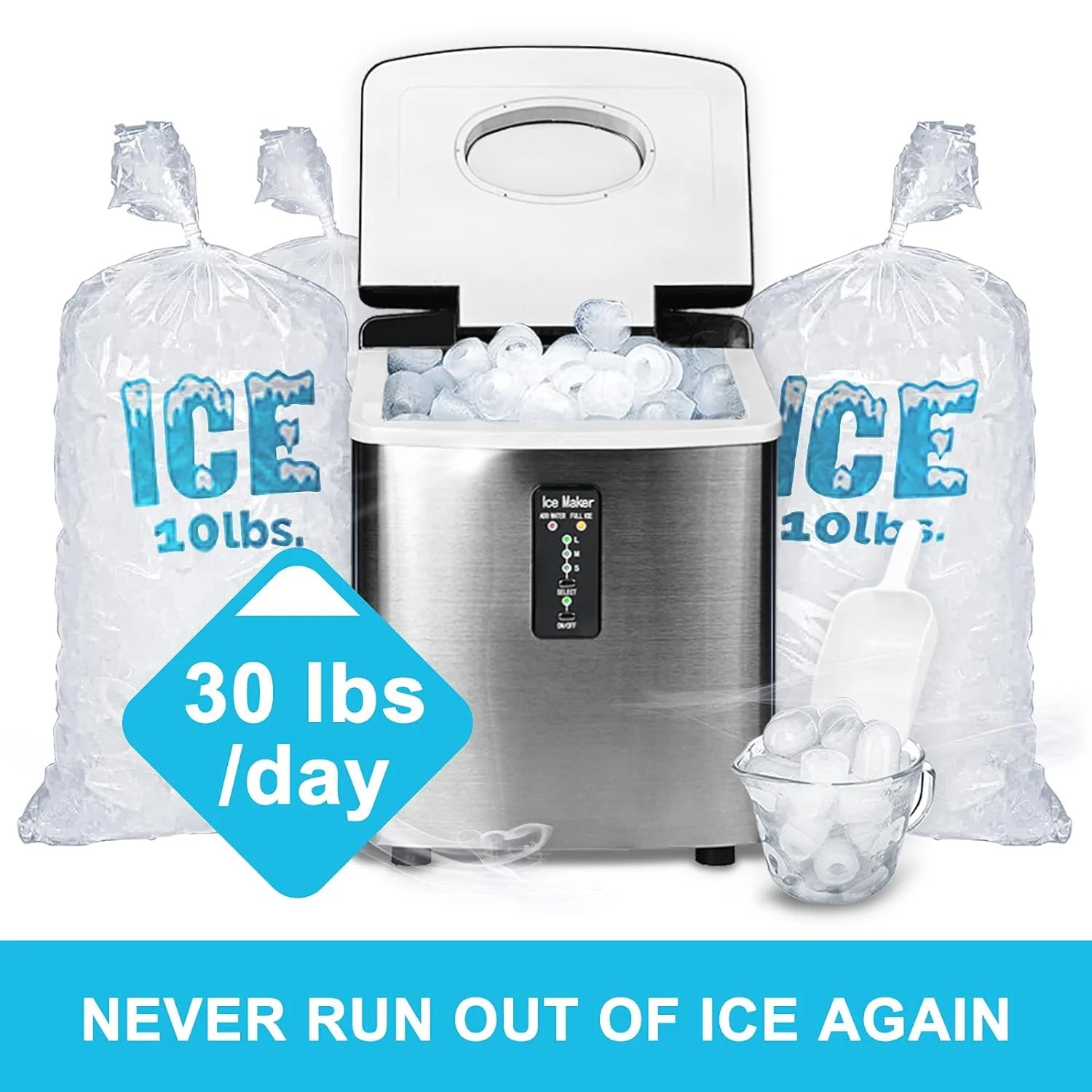 Countertop Ice Maker Machine, Chewable Bullet Small Ice Machine for Home Office Bar Party, 33 Lbs, Stainless Steel & Black