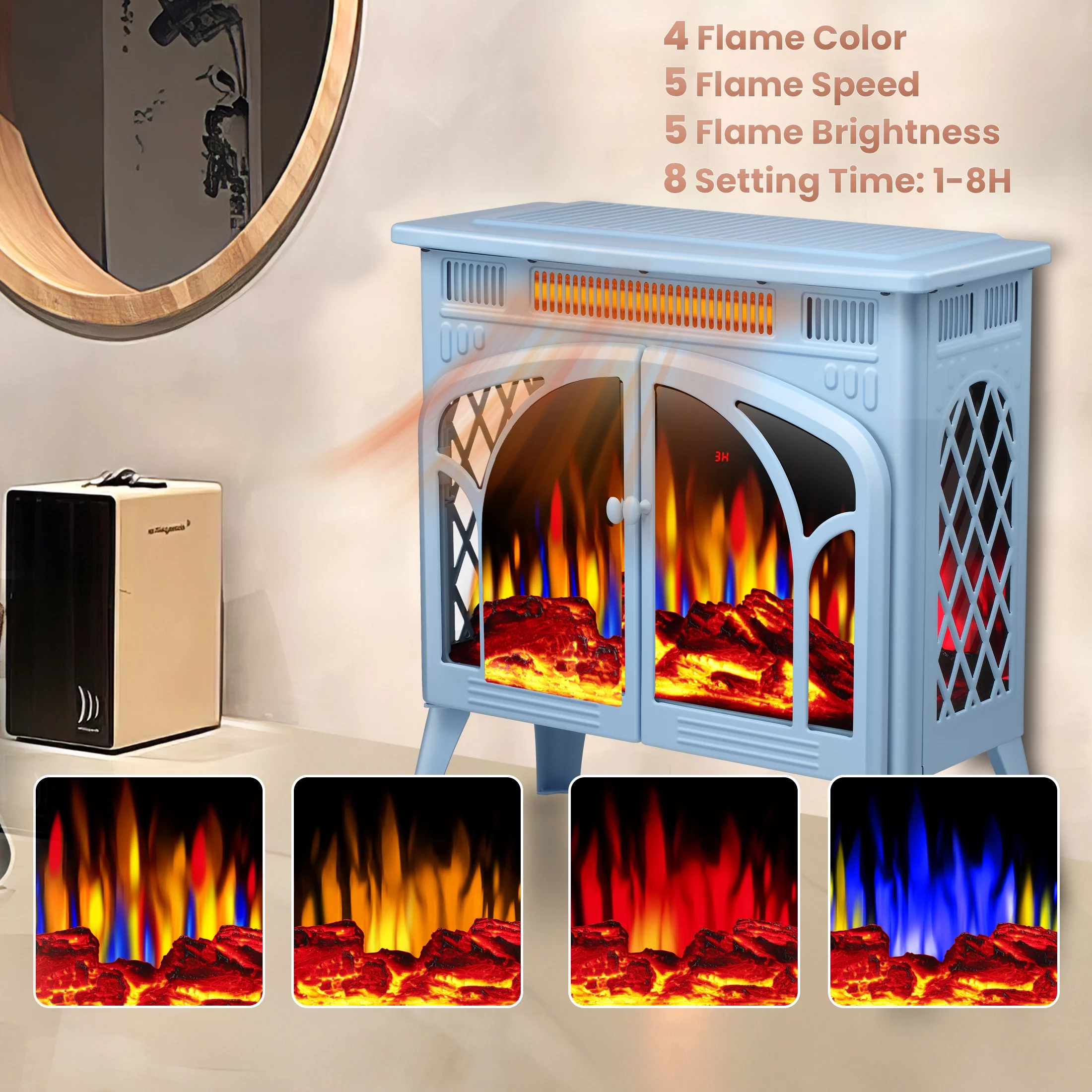 KISSAIR 25'' Electric Fireplace Heater, Overheat Protection Design, 3D Realistic Flame Effect, Independent Remote Control Fireplace, 500W/1500W, BLUE