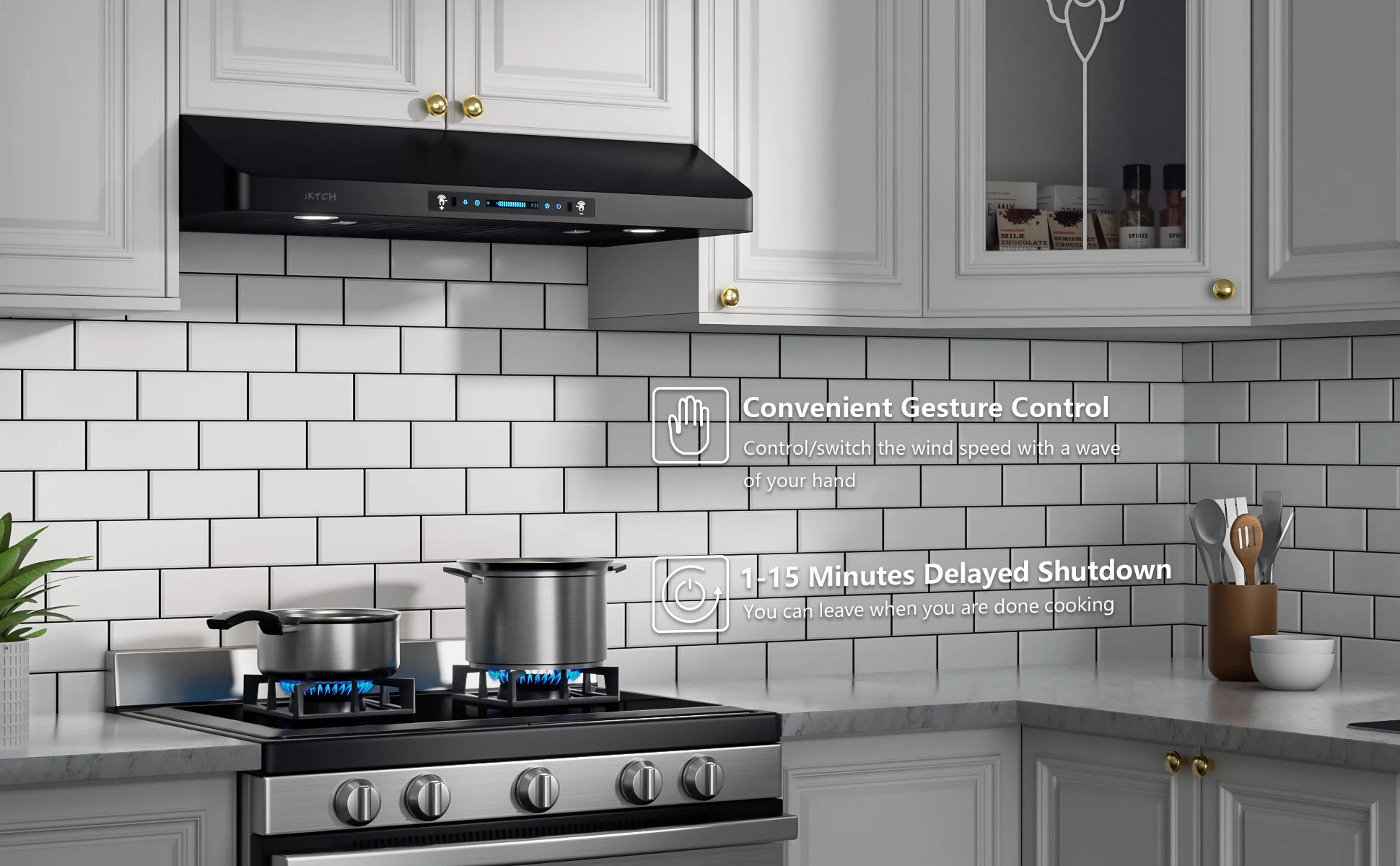 IKTCH 30 Inch Under Cabinet Range Hood with 900-CFM, 4 Speed Gesture Sensing&Touch Control Panel, Stainless Steel Kitchen Vent with 2 Pcs Baffle Filters,C01-30-BSS