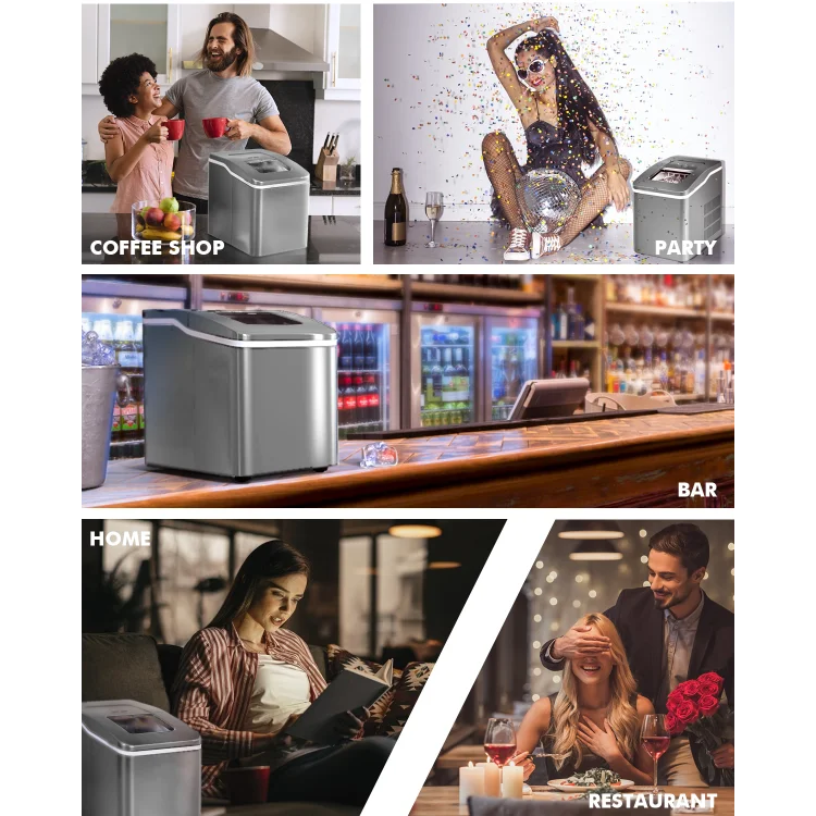 Canddidliike Portable Countertop Ice Maker Machine with Scoop-Silver, Electric Portable Compact Countertop Automatic Ice Cube Maker Machine for Home/Kitchen/Office
