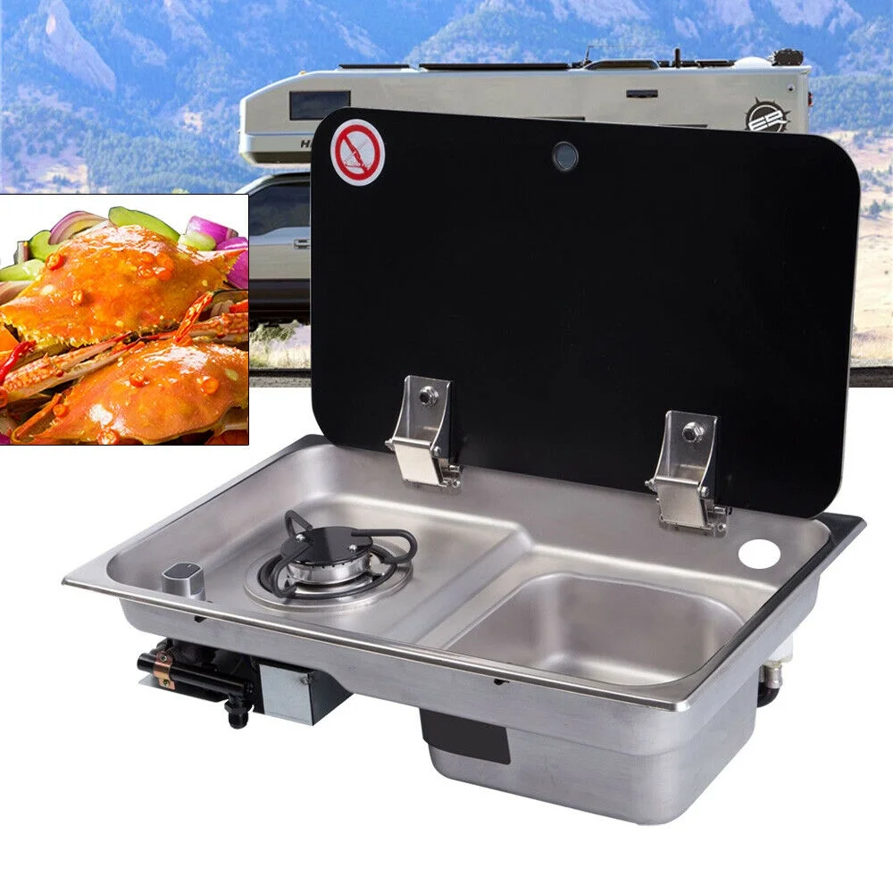 Anqidi RV Camper Boat Caravan 1 Burner LPG Gas Stove Hob & Sink Combo w/ Glass Lid, Black Gr-903