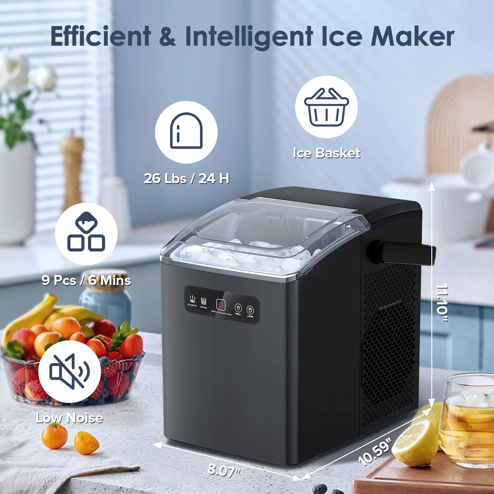 Countertop Ice Maker, 26lbs/24H, Self-Cleaning, Portable Ice Maker Machine with Handle and Ice Scoop, Touch LED Operation Ice Machine for Home/Office/Party(Black)