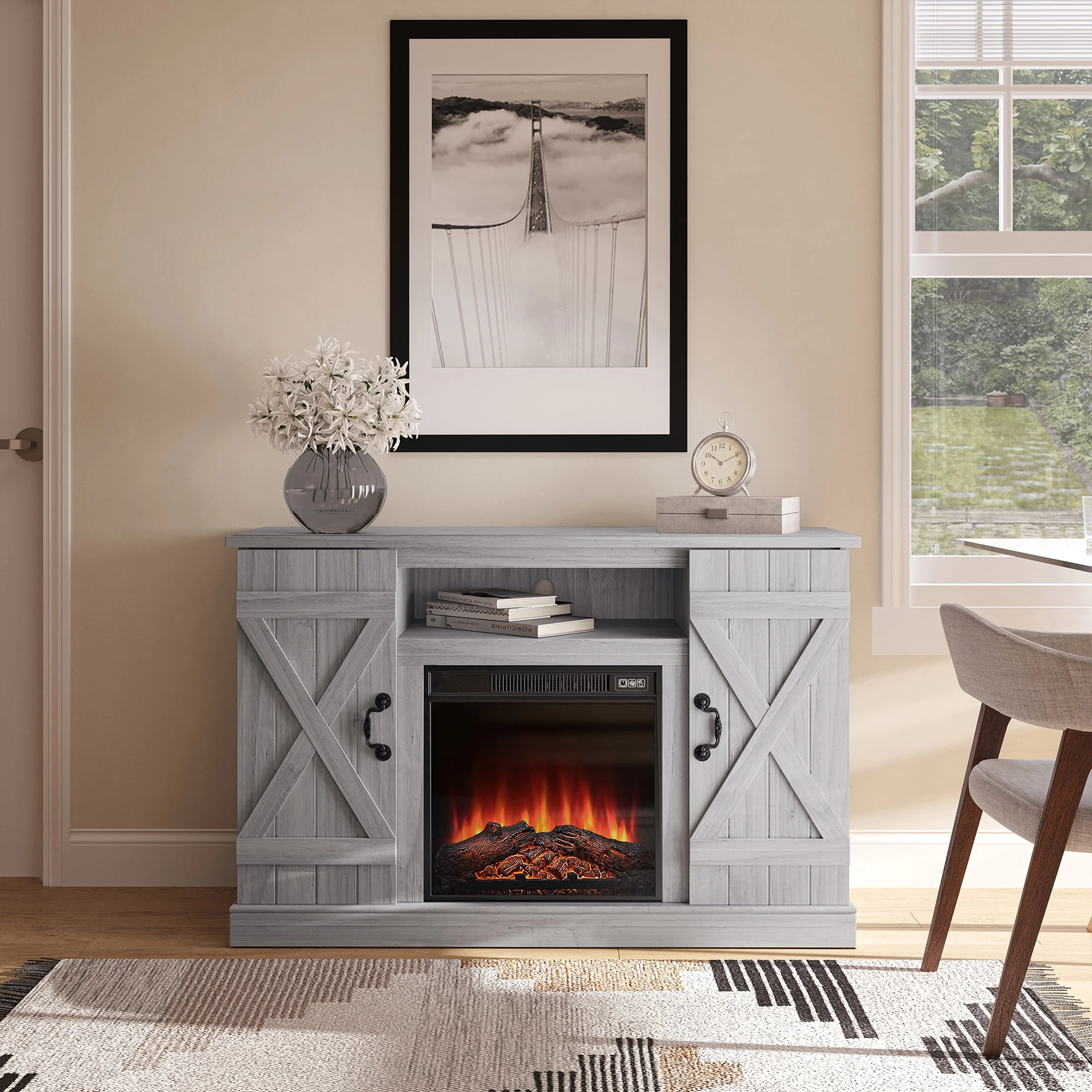BELLEZE 47' Rustic TV Stand Entertainment Center For TVs up to 50' with 18' Fireplace - Veropeso (Sargent Oak)