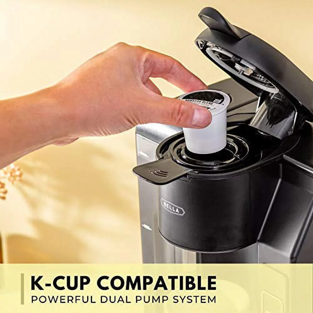 BELLA Single Serve Coffee Maker, Dual Brew K-Cup Pod or Ground Coffee Brewer, Large Removable Water Tank, Black