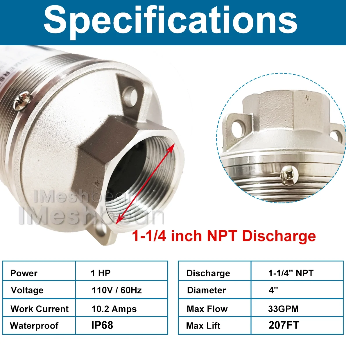 iMeshbean 4' Deep Well Submersible Pump, with 100ft Long Electric Cord, 1 HP, 110V, 60 Hz, 33 GPM, 207 Feet Head Max, Stainless Steel Long Life