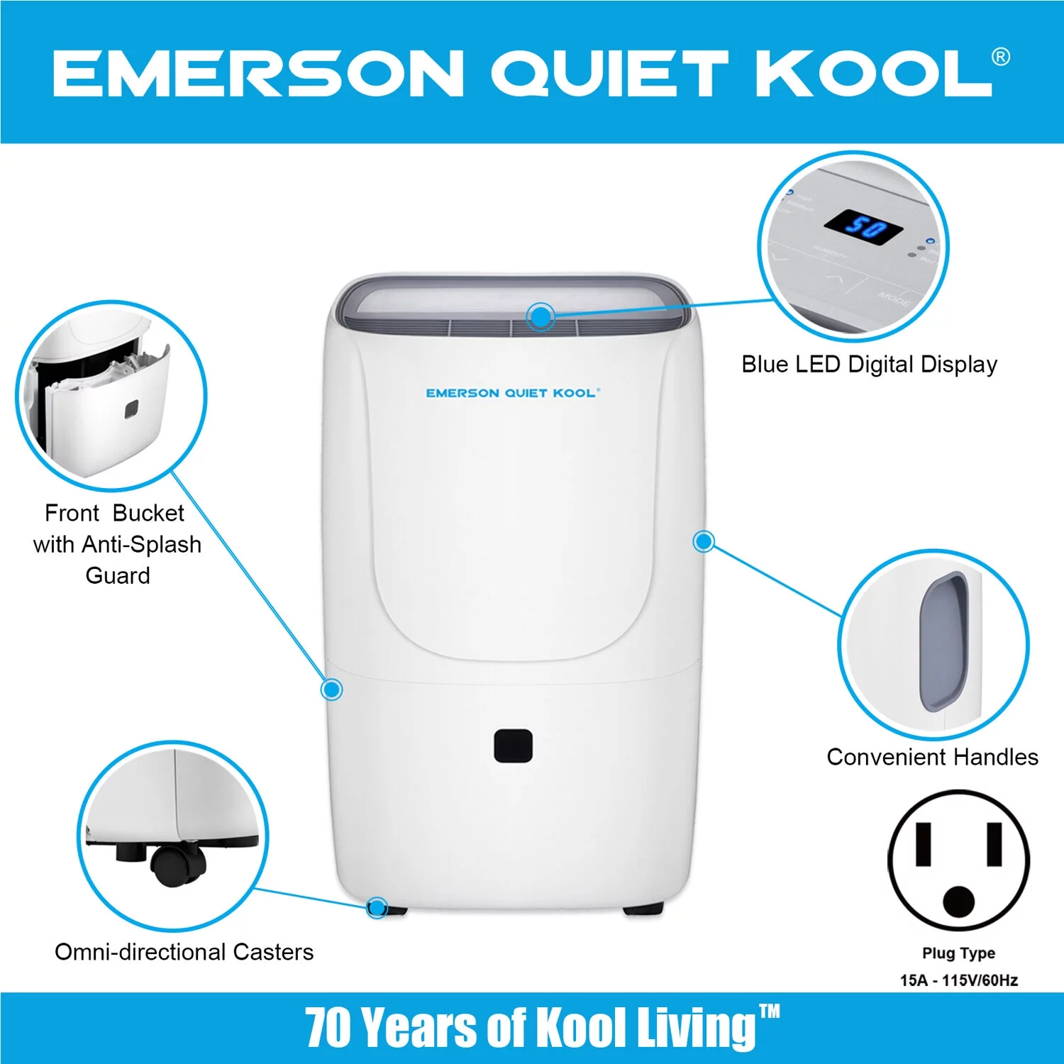 Emerson Quiet Kool 50 Pint Smart Dehumidifier in White with Built-In Pump
