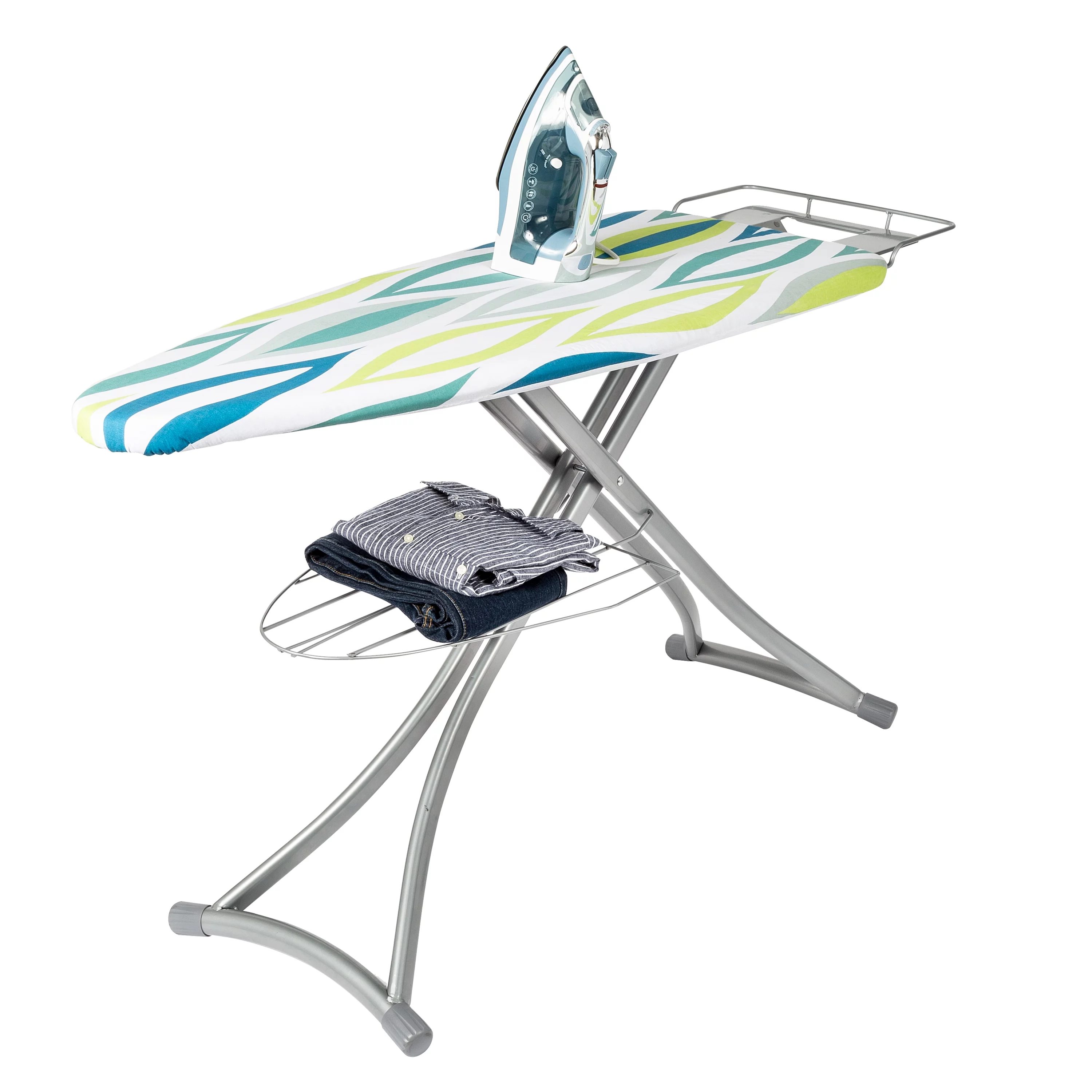 Honey-Can-Do Silver and Multi Oval Print Collapsible Ironing Board with Iron Rest and Shelf