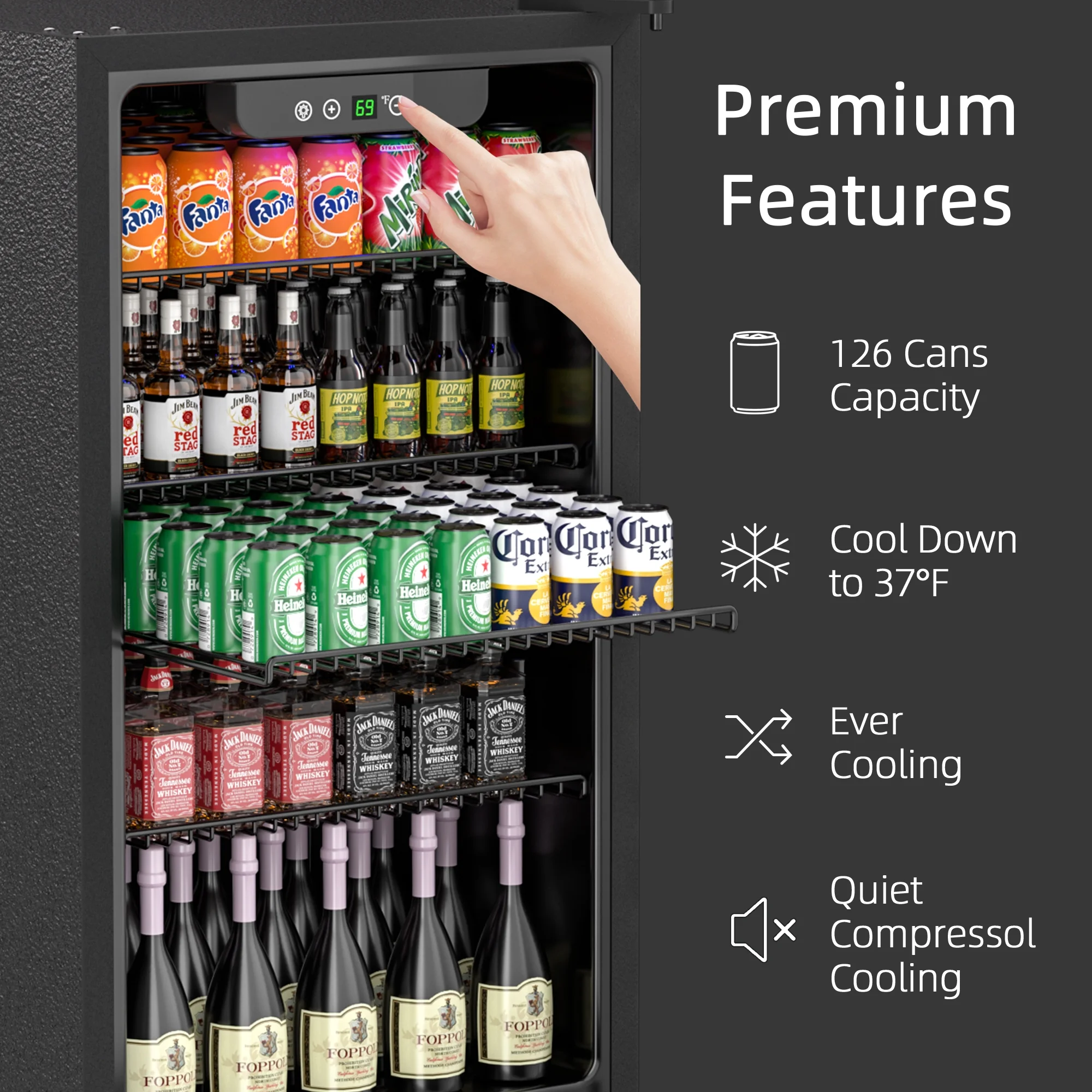 Erivess Compact Freestanding Beverage Refrigerator,126Can/3.2Cubic Feet Fridge with Glass Front Door for Soda, Beer or Wine, Under Counter Drink Dispenser with Adjustable Shelve & Digital Display