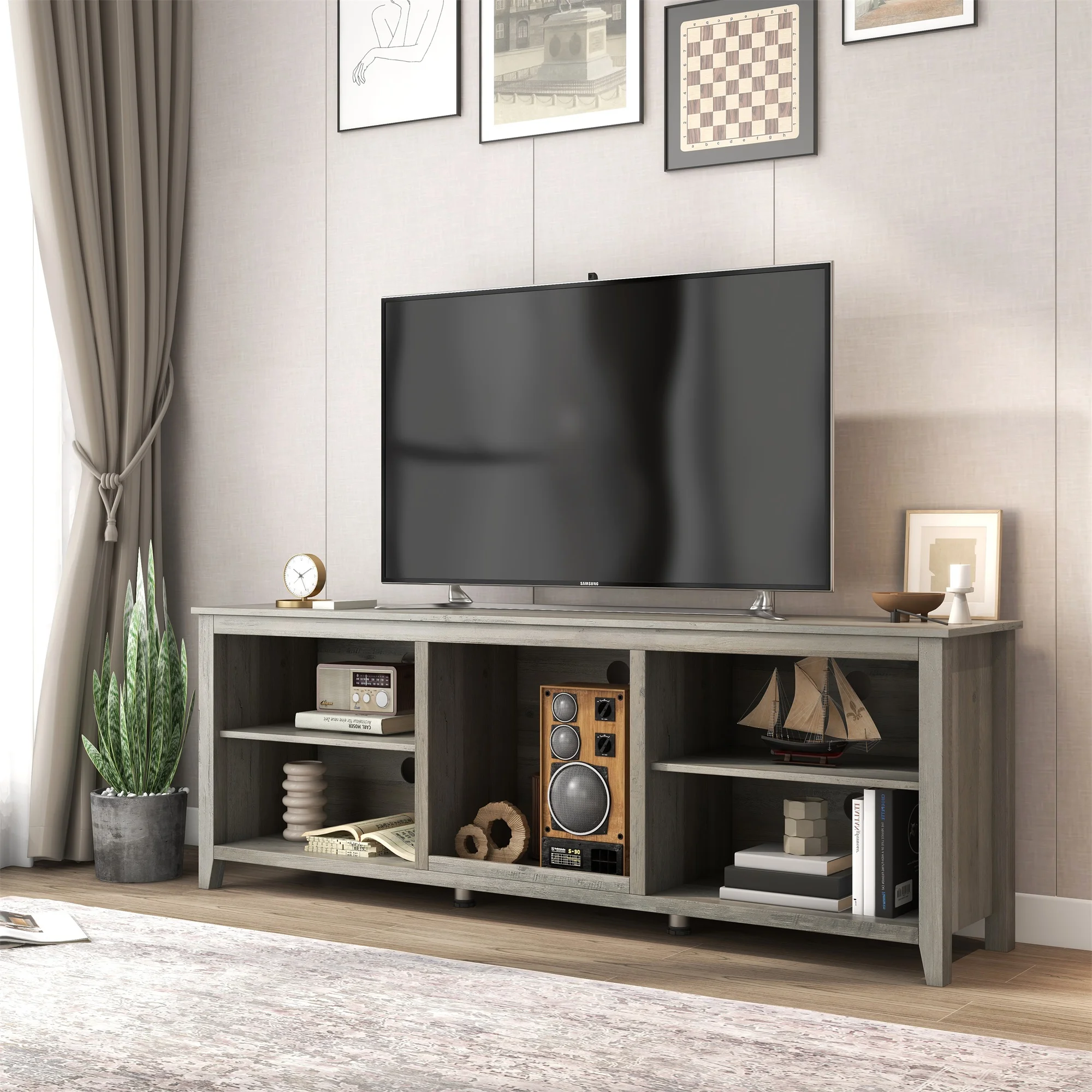 Hommoo 70'' Length TV Stand, Console Table with 5 big Storage Compartment for TV Up to 75,   Modern Entertainment Center for Home, Grey Walnut