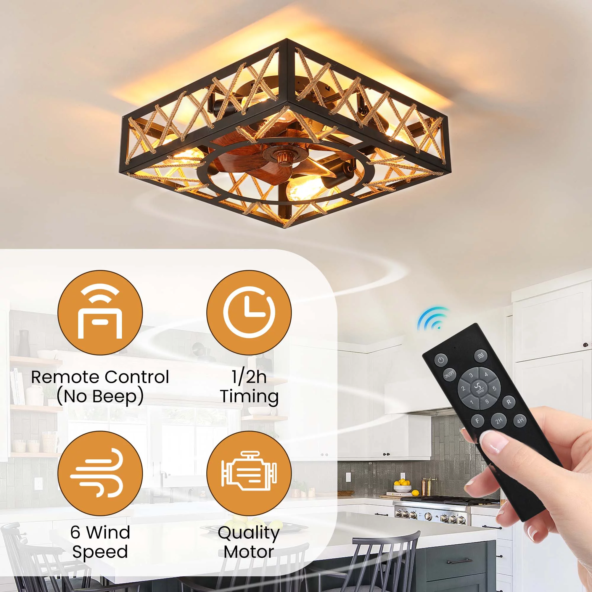 Aukfa Modern Low Profile Drum Cage Ceiling Fan with Light - Remote Control, Bladeless, 360-Degree Oscillating Design