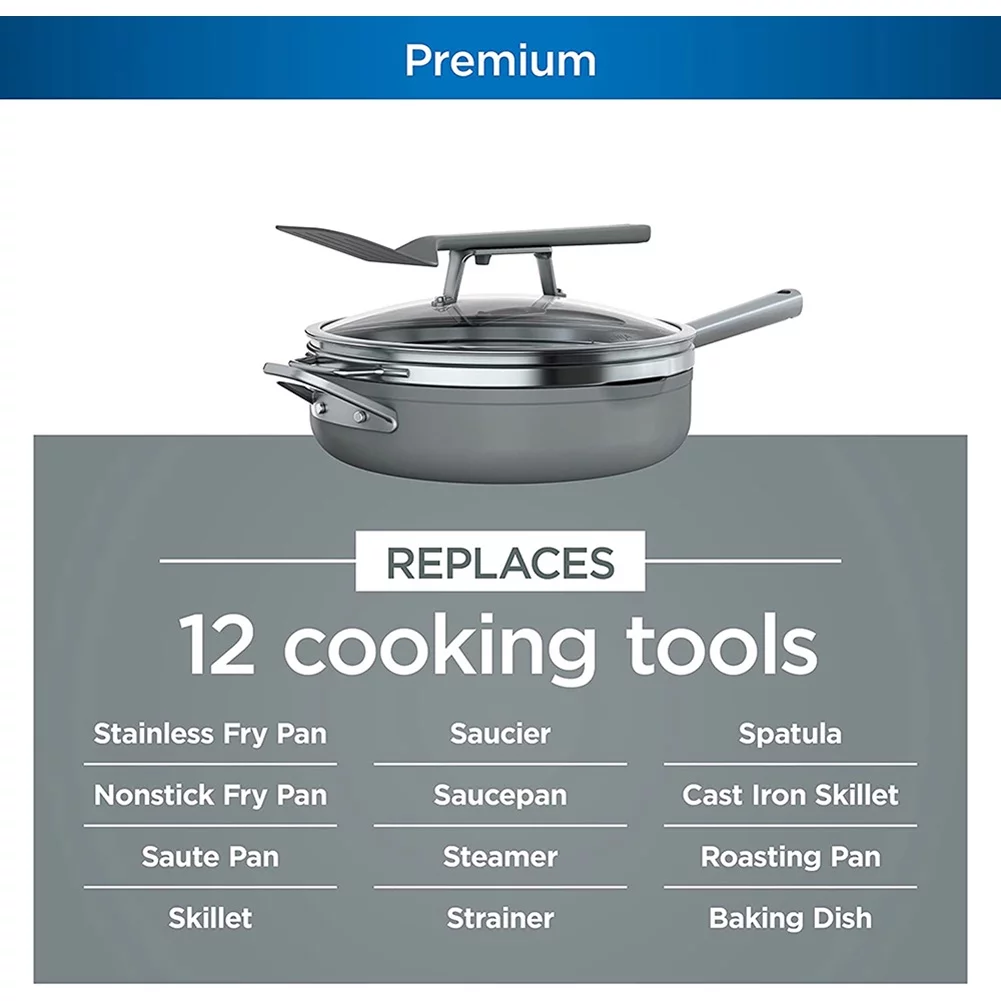 Cw102Gy Foodi Neverstick Possiblepan, Premium Set With 4-Quart Capacity Pan, Steamer/Strainer Basket, Glass Lid & Integrated Spatula, Nonstick, Durable & Oven Safe To 500��F, Sea Salt Grey