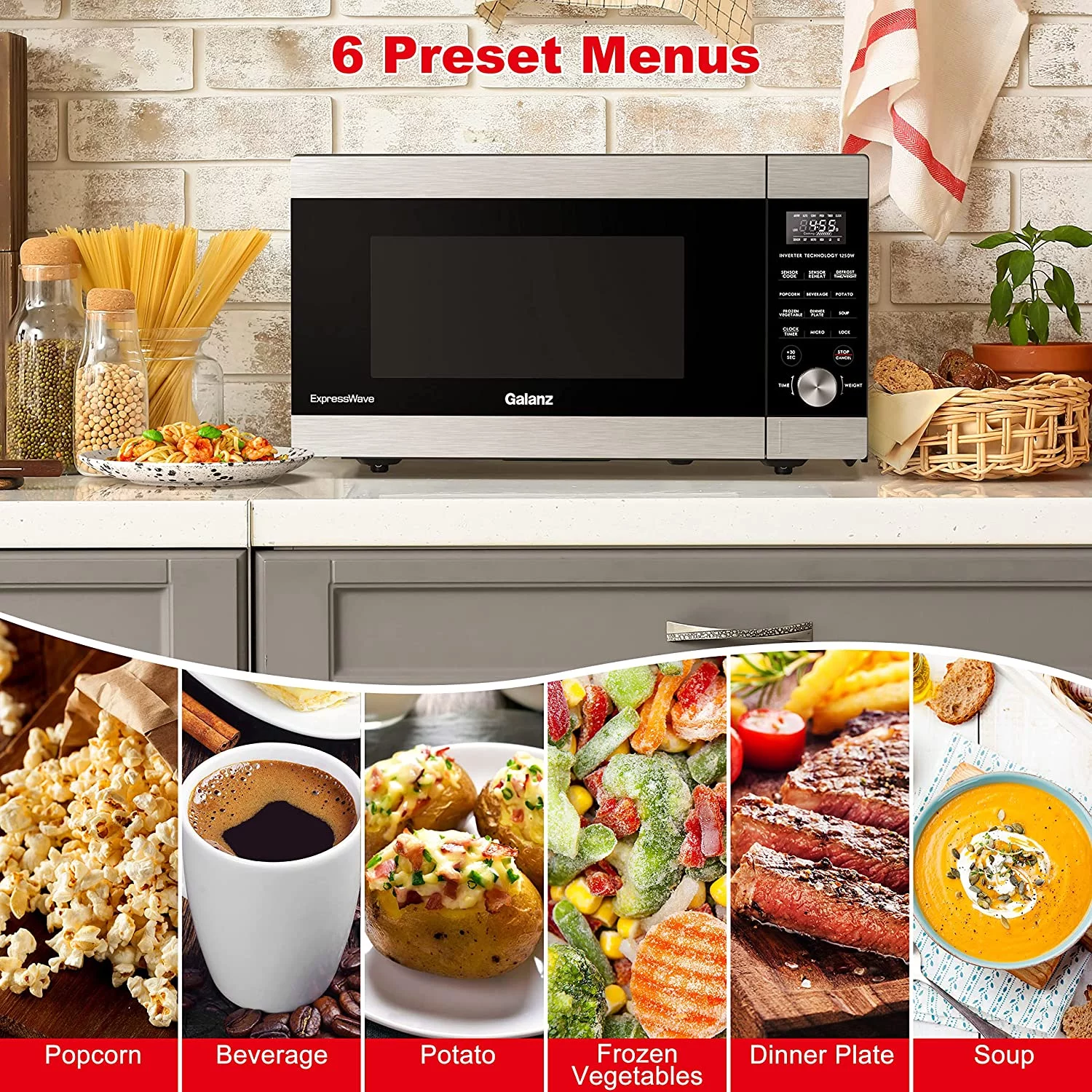 Galanz ExpressWave Microwave Oven with Patented Inverter Technology, Sensor Cook & Sensor Reheat, 10 Variable Power Levels, Express Cooking Knob, 1250W, 2.2 Cu Ft, Stainless Steel