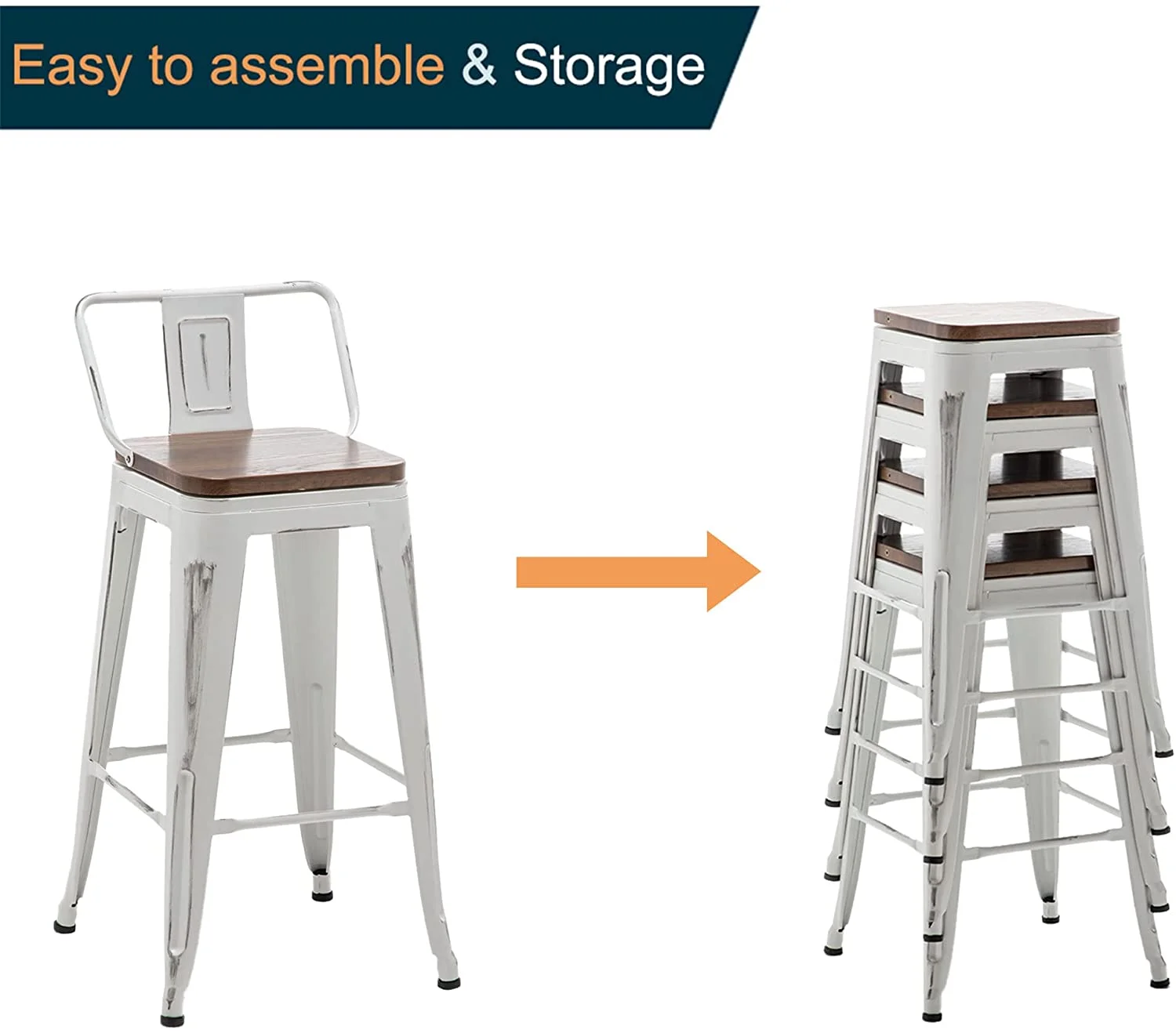 Andeworld 24' Swivel Metal Bar Stools Set of 4 Counter Height Barstools Industrial Dining Bar Chairs with Modern Wooden Seat-Low Back, Distressed White