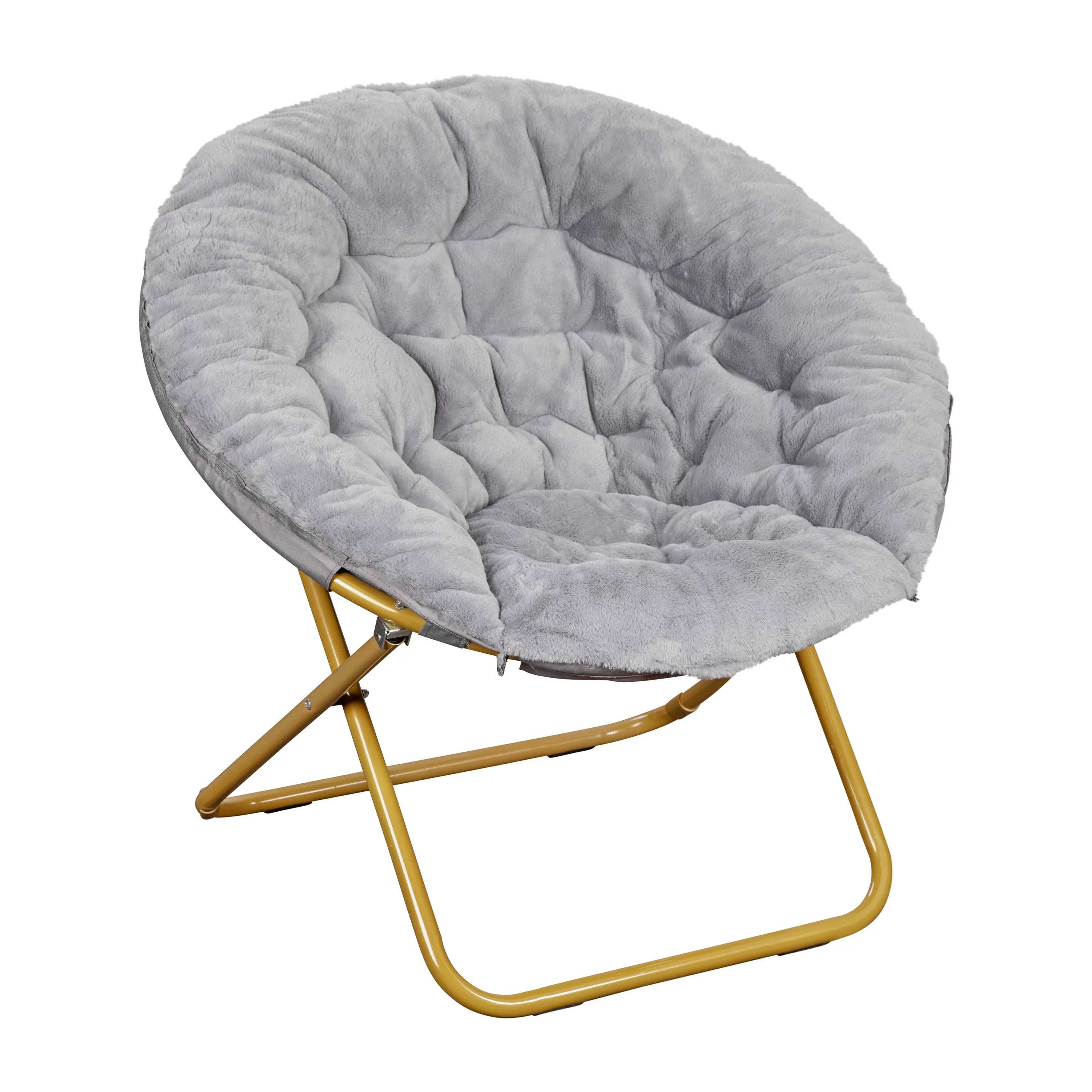 Emma + Oliver 38' Oversize Folding Saucer Chair with Cozy Faux Fur Upholstery in Gray with Soft Gold Metal Frame for Dorms, Bedrooms, Apartments and More