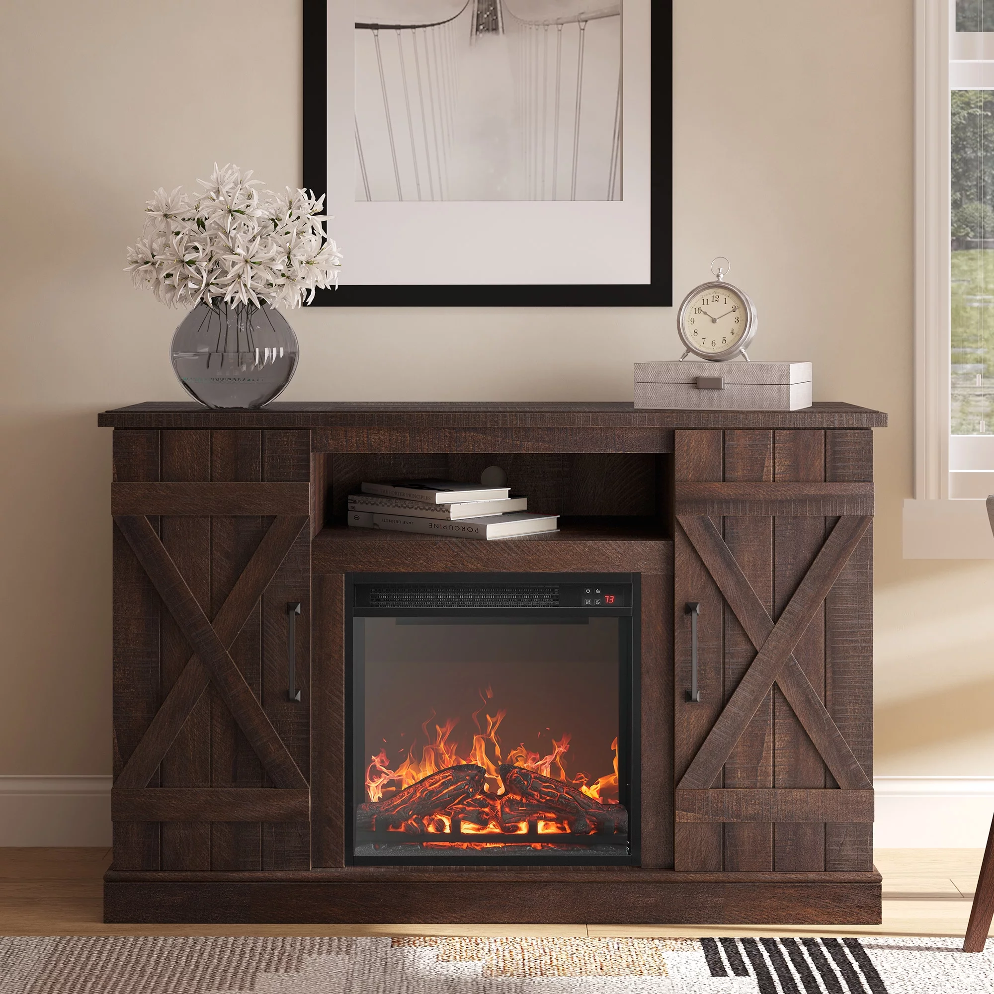 BELLEZE 47' Rustic TV Stand Entertainment Center For TVs up to 50' with 18' Fireplace - Veropeso (Espresso)