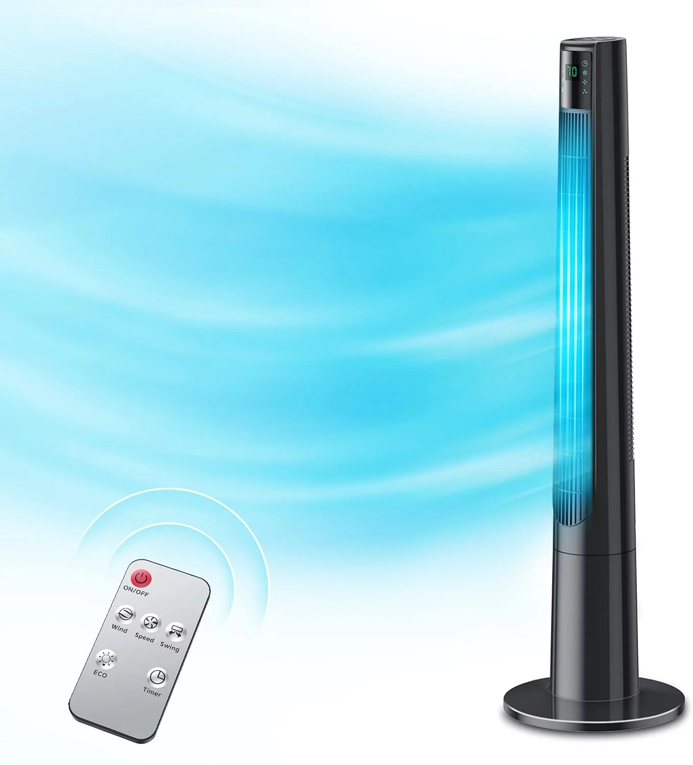 KONWIN Bladeless Oscillating Tower Fan 48 Inch with Remote 3 Modes & 3 Speeds, Black