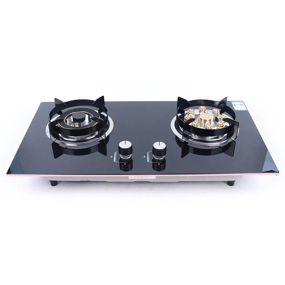 Gas Cooktop, 2-Burner Tempered Glass Gas Stovetop Built-in Natural Gas Cooker with Gas Regulator 28.7x16.1 inch Black