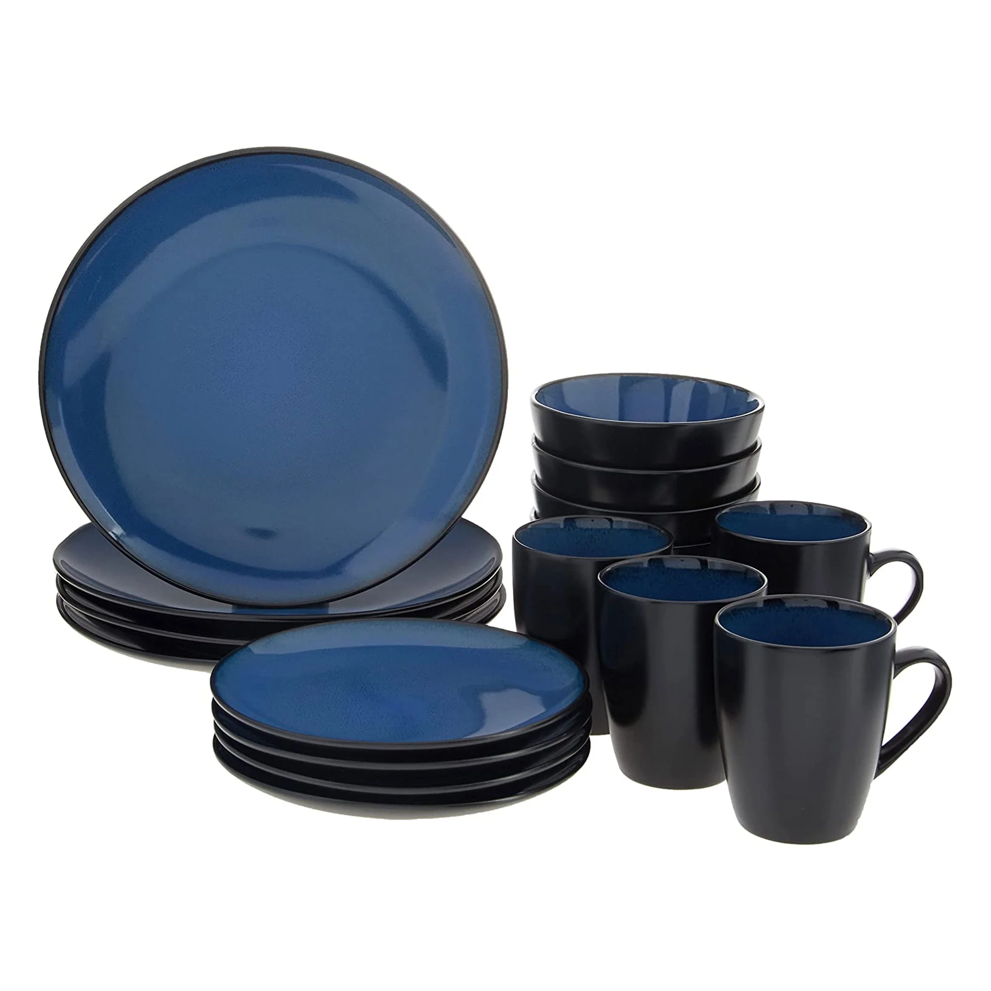 Gibson Soho Lounge 16 Piece Round Glaze Dinnerware Plates, Bowls, Mug, Blue
