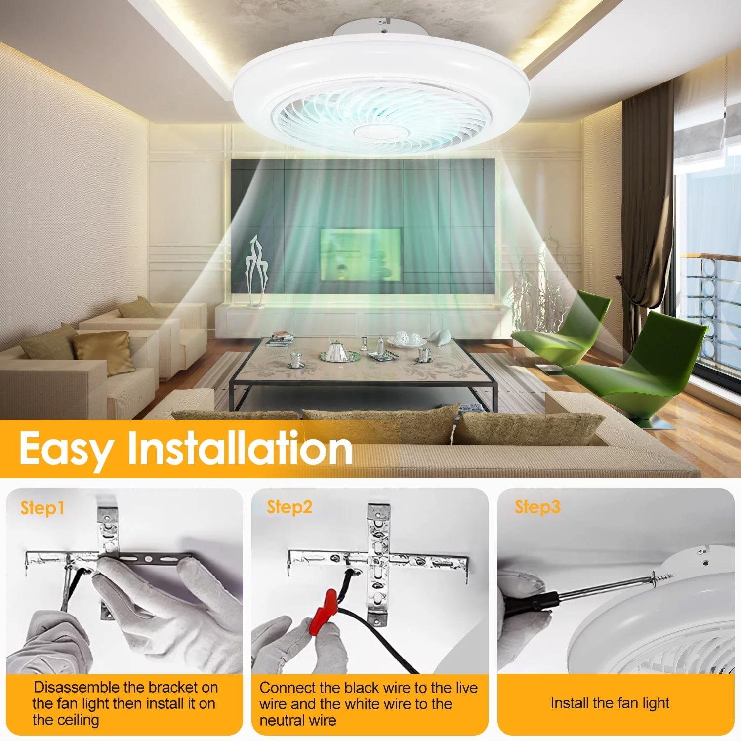 iMounTEK 17in White Ceiling Fan with LED Light, Low Profile Flush Mount Ceiling Fans, Round Pendant Fan with Remote Control