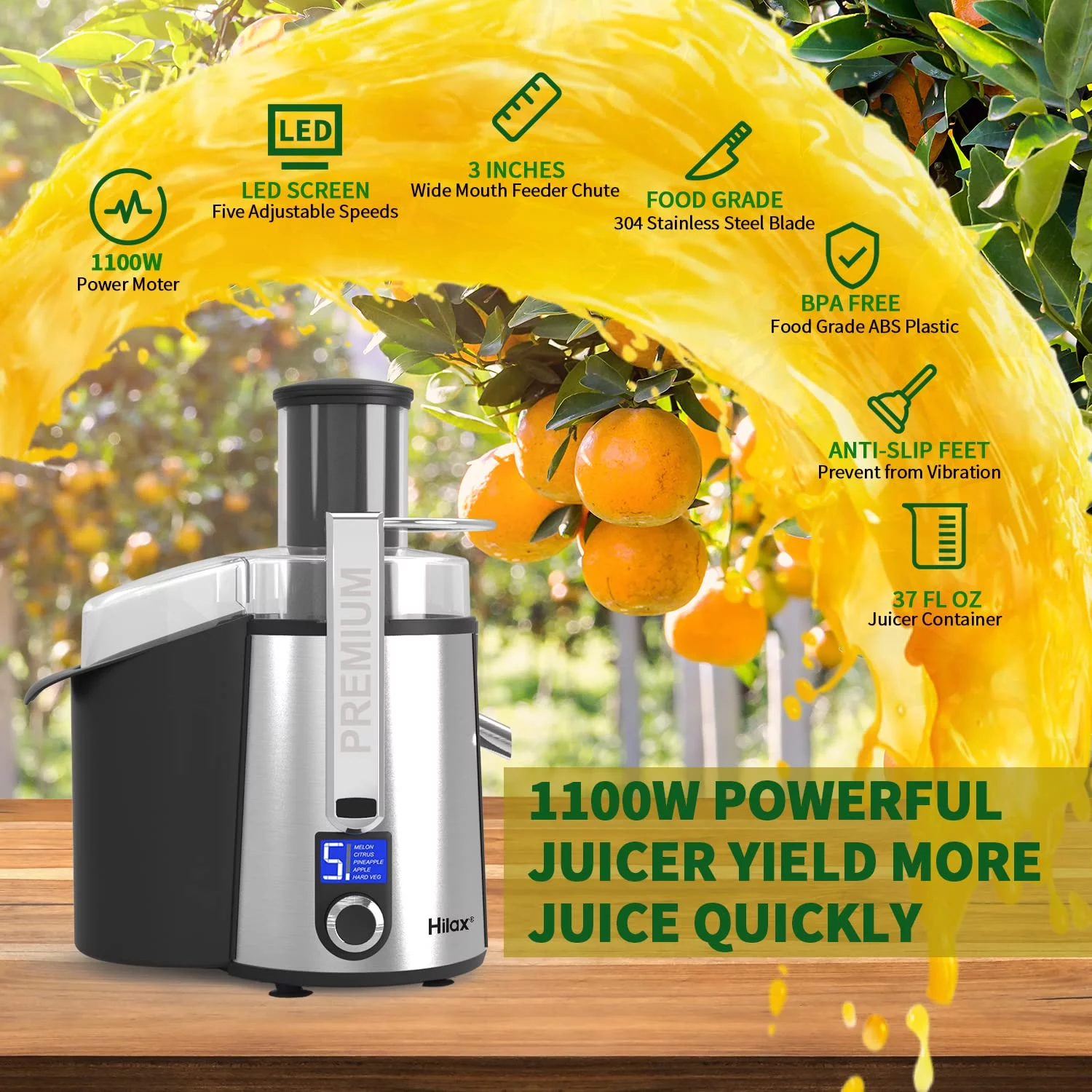 Hilax Centrifugal Juicer Machine - LCD Monitor 1100W Juice Maker Extractor, 5-Speed Juice Processor Fruit and Vegetable, 3' Feed Chute Stainless Steel Power Juicer, BPA Free (Silver)