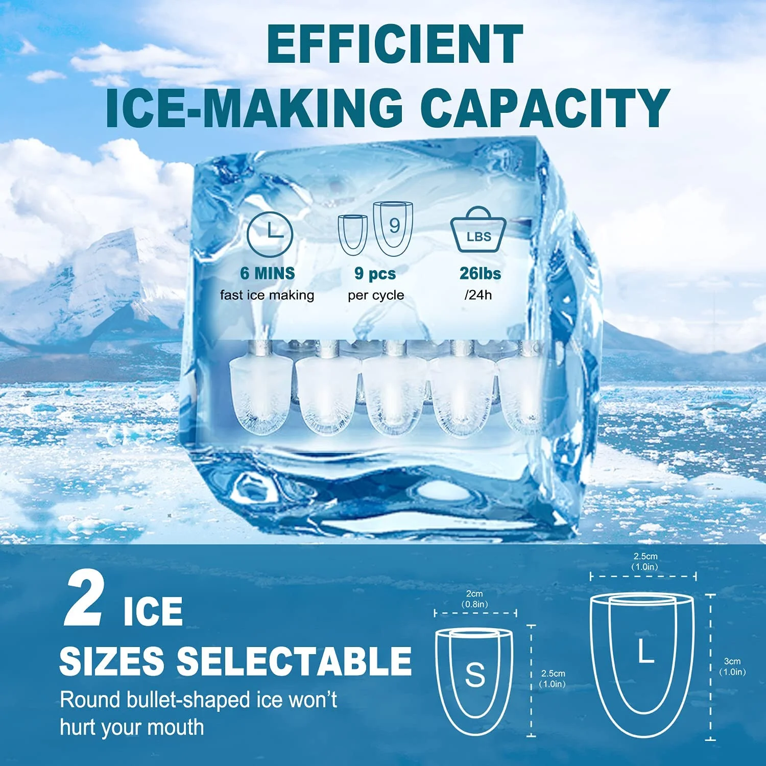Countertop Ice Maker Machine, 9 Bullet Ice Cubes Ready in 8 Mins 26LBS in 24 Hours, Self-Clean 1.8L Portable Ice Maker with Ice Scoop and Basket, Great for Bar, Party, Green