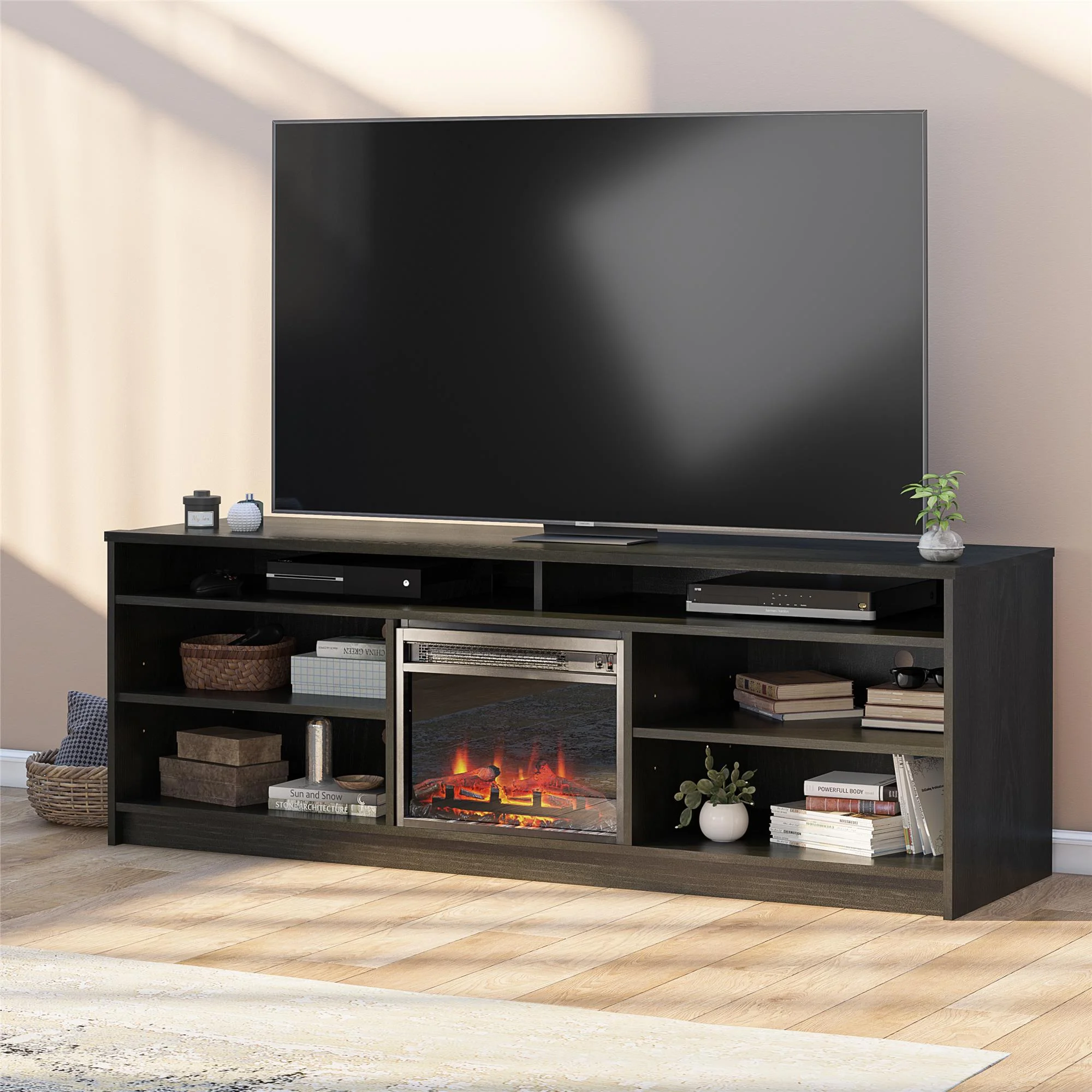 Ameriwood Home Heston 75' TV Stand with Electric Fireplace Insert and 6 Shelves, Black Oak