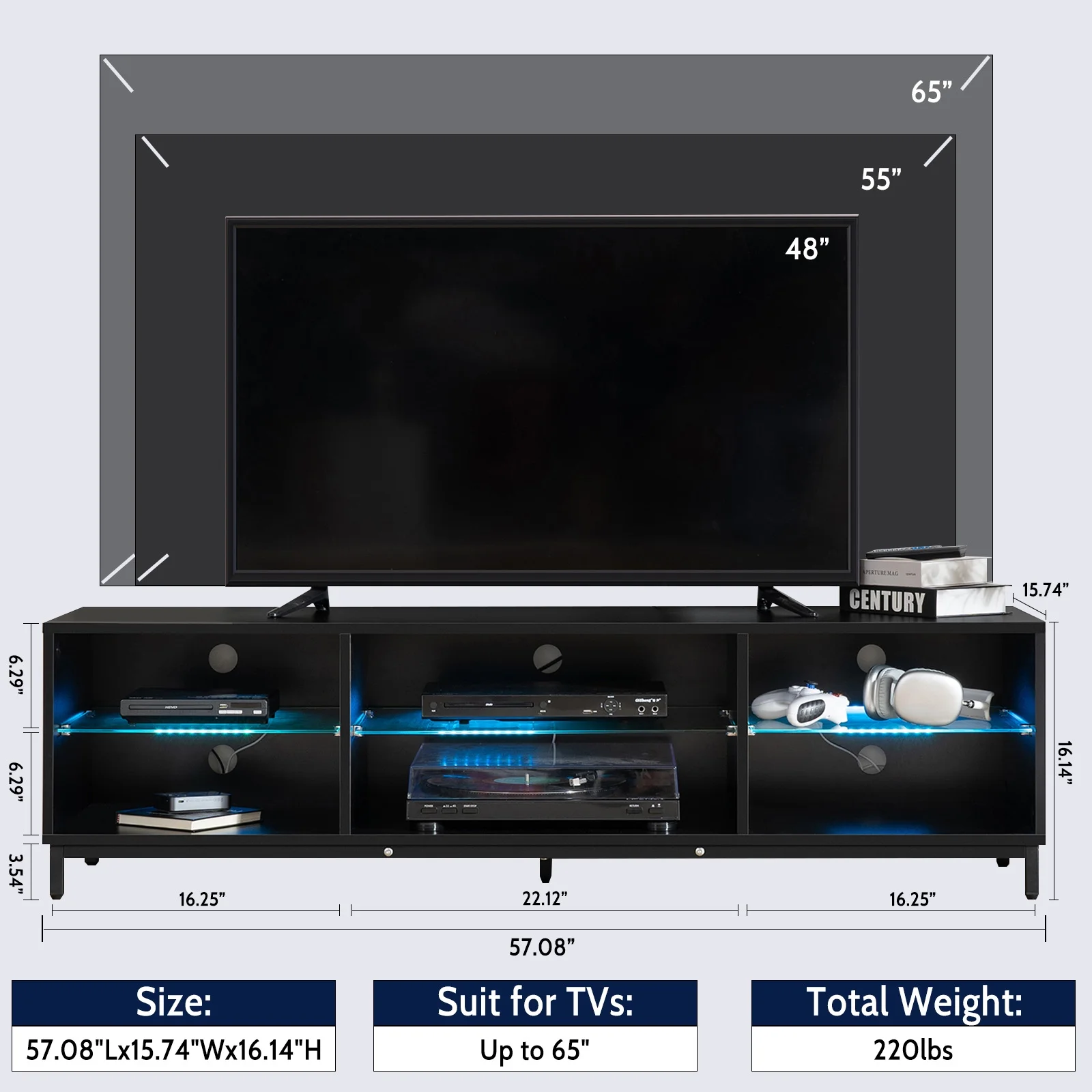 Hommpa TV Stand for 65' TV Modern Black Entertainment Center with LED Lights Media Console Cabinet with Open Glass Storage Shelves for Gaming Living Room