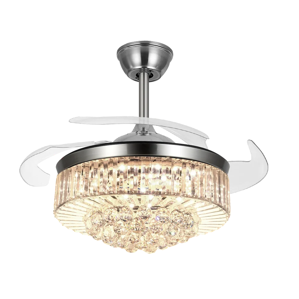 FINE MAKER 42' Crystal Ceiling Fan with Light Remote Retractable Fandelier 3 Color 3 Speed Chandelier with Fan for Living Dining Room Chrome Finish