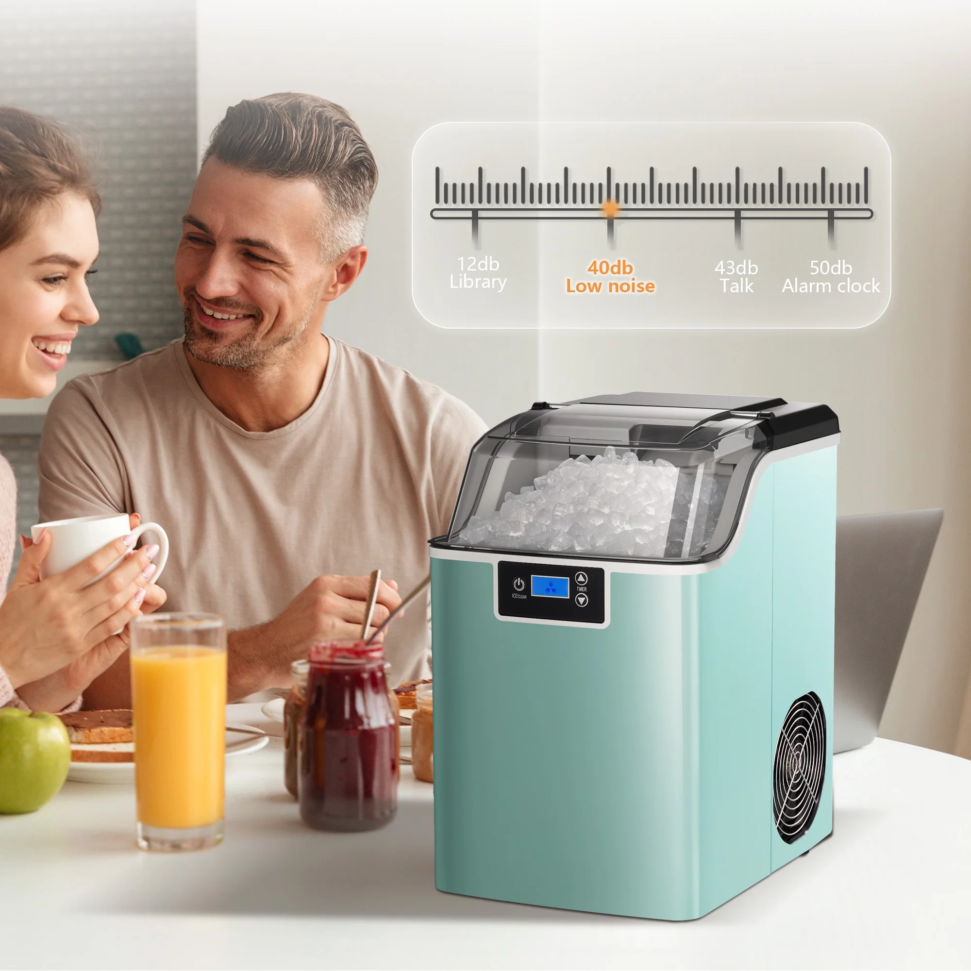 Besttey Countertop Ice Maker, Nugget Chewable Soft Ice, 44 lbs/24 H, Auto-Cleaning, Portable/Compact, w/ Basket & Scoop, Green