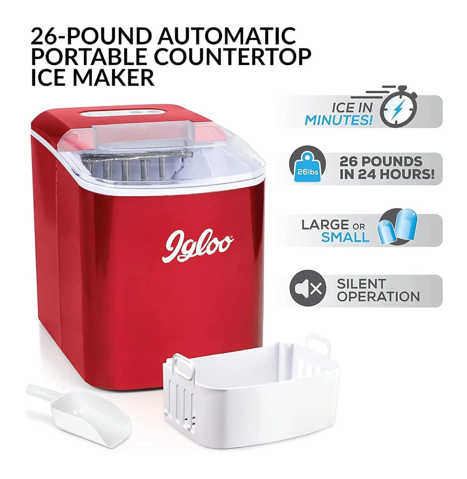 26-lb Automatic Electric Countertop Ice Maker - 9 Cubes in 7 Mins, With and Basket