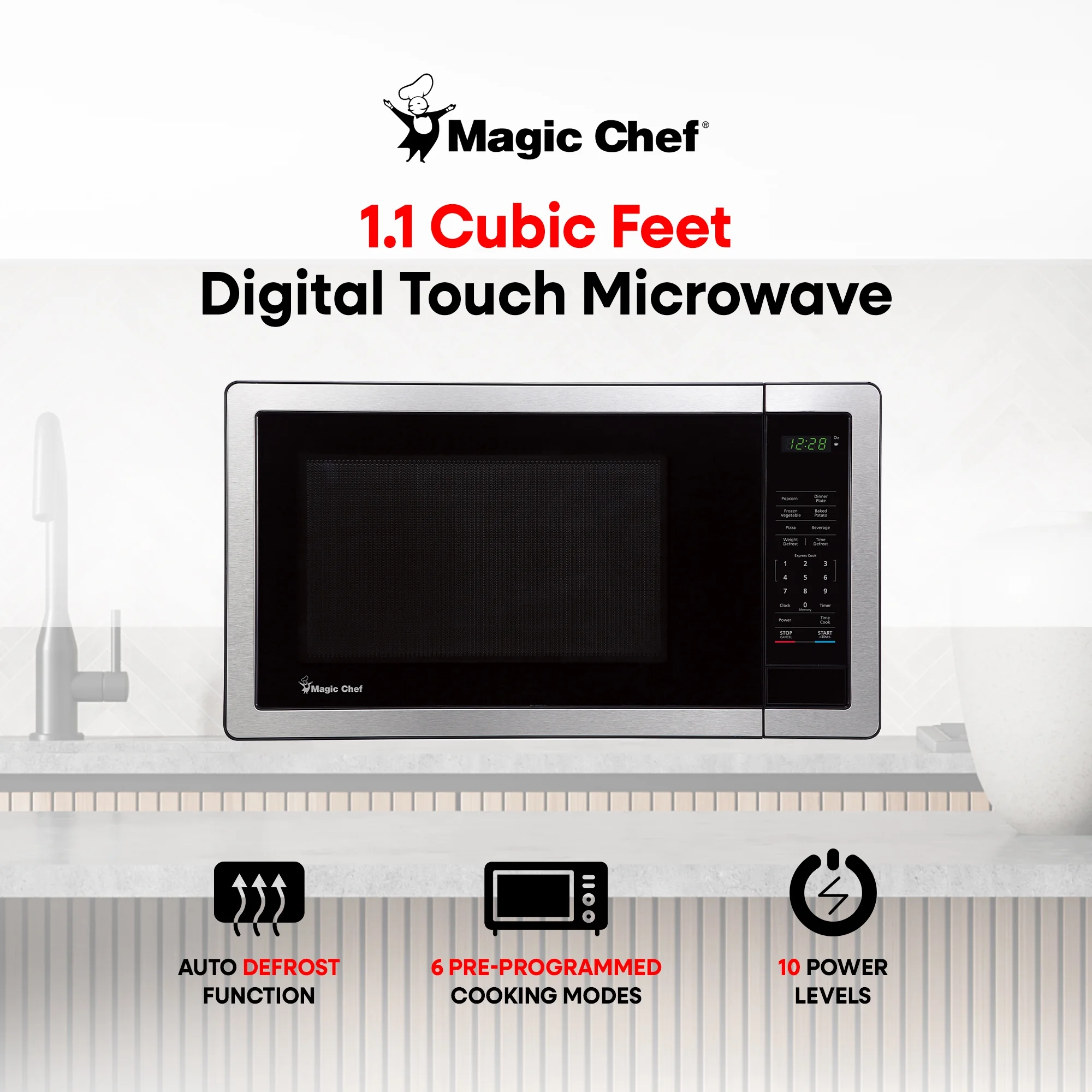 Open Box 1000 Watt 1.1 Cubic Feet Digital Touch Countertop Microwave, Silver