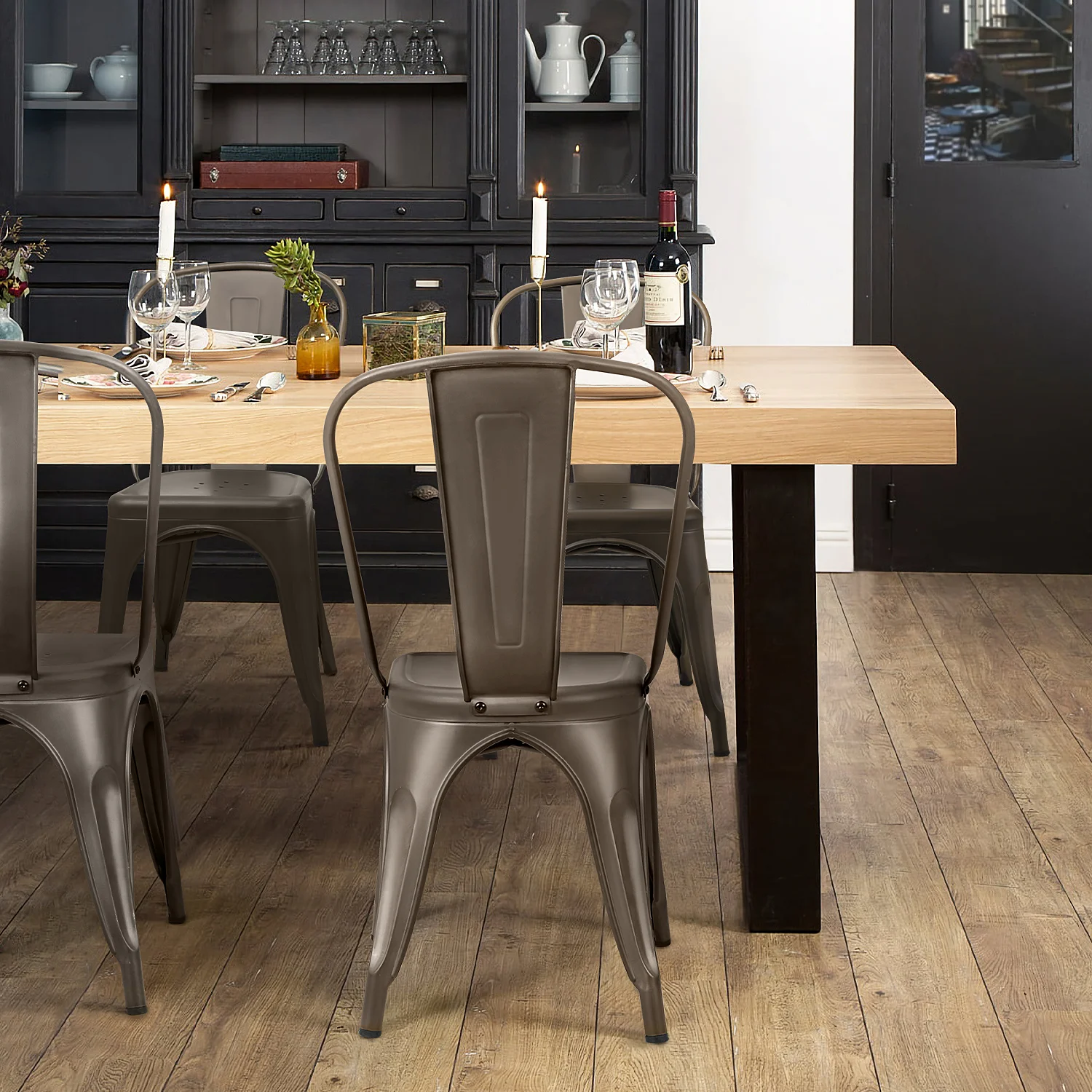 Furmax Set of 4 Metal Dining Chairs, Gunmetal