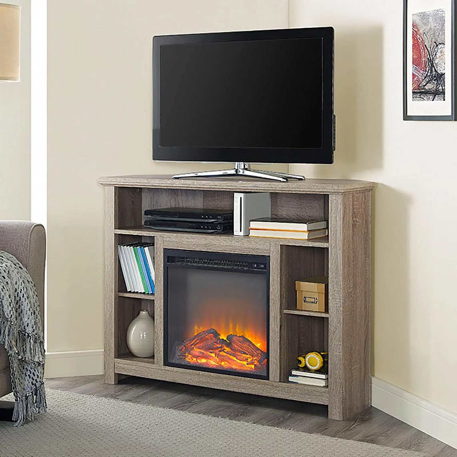 44' Engineered Wood Corner Fireplace TV Stand - Black