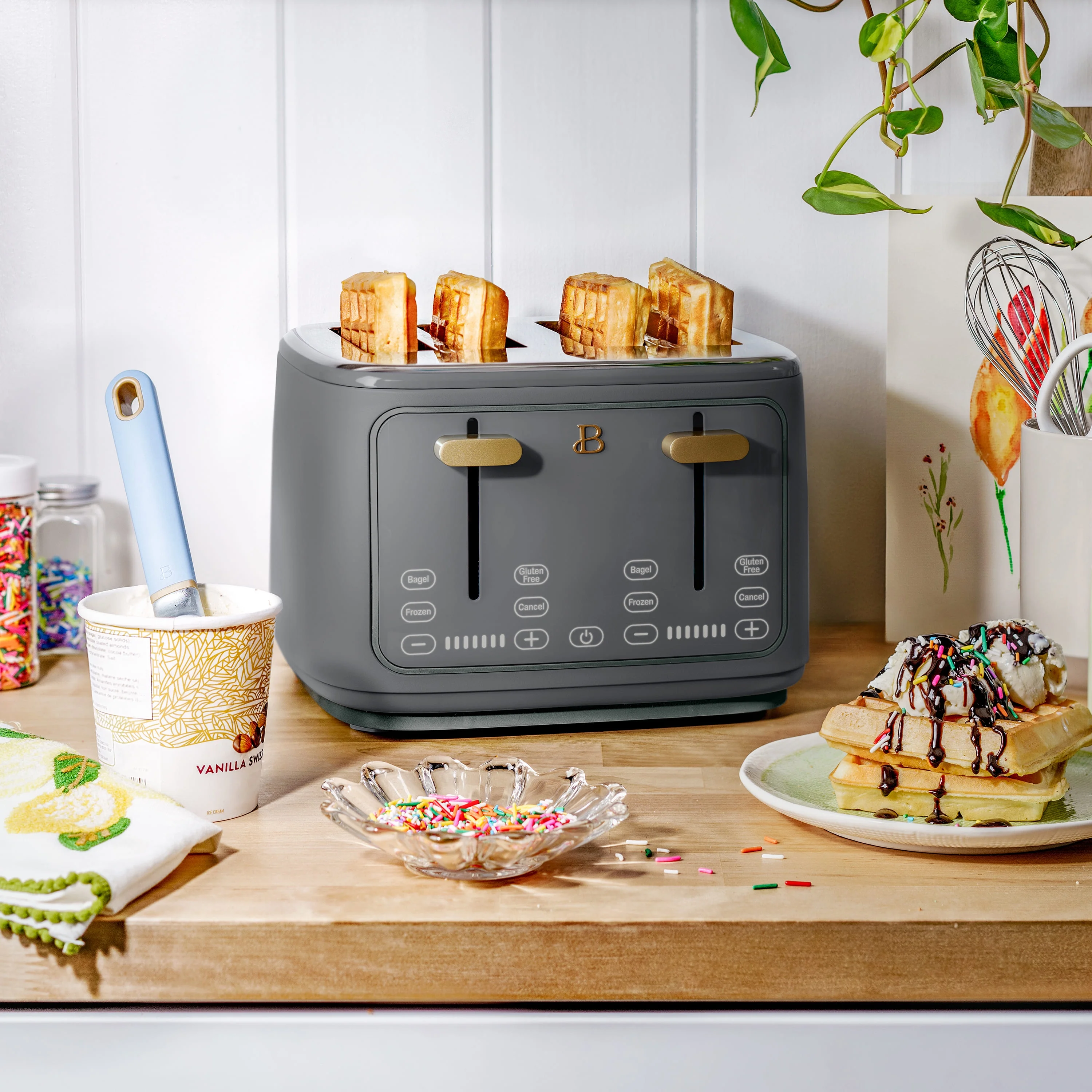 Beautiful 4-Slice Toaster with Touch-Activated Display, Oyster Grey by Drew Barrymore