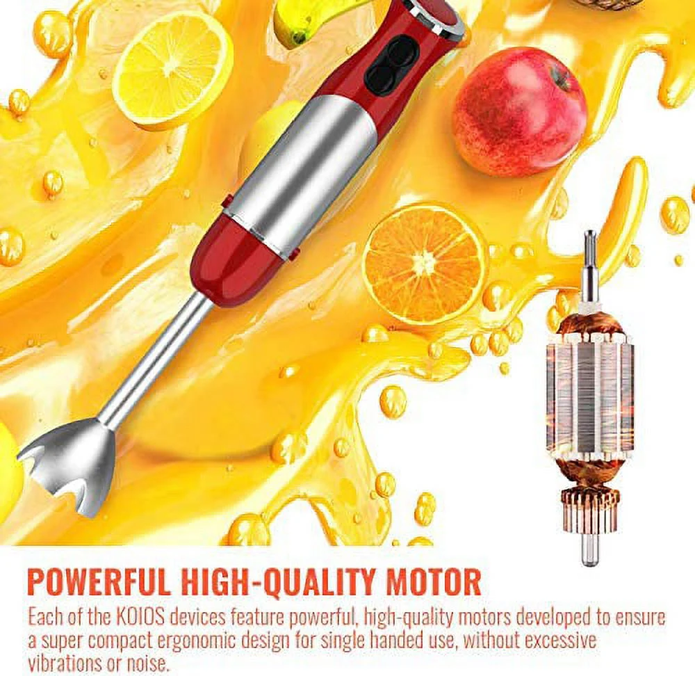 KOIOS Powerful 800W 4-in-1 Hand Immersion Blender 12 Speeds, Includes 304 Stainless Steel Stick Blender, 600ml Mixing Beaker, 500ml Food Processor, and Whisk Attachment, Multi-Purpose, BPA-Free, Red