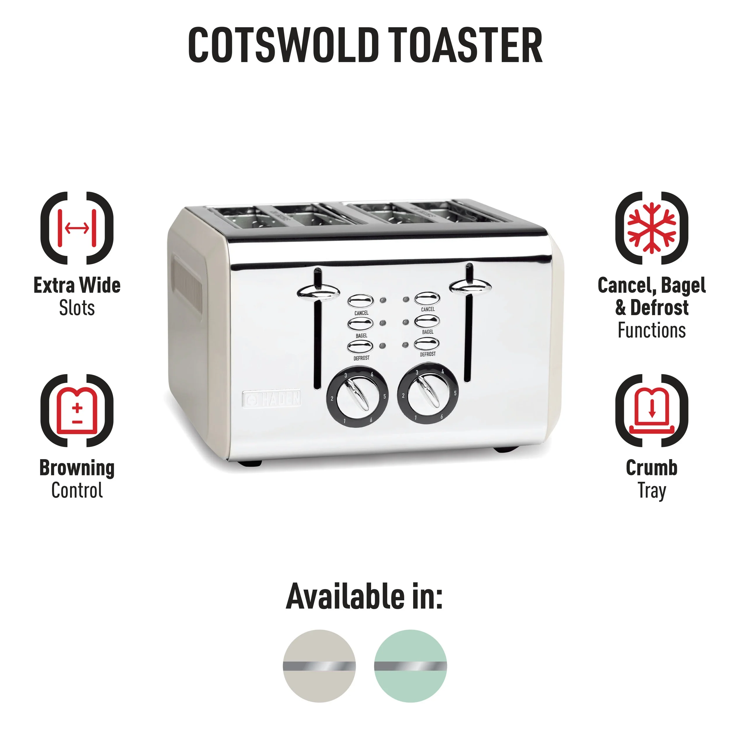 HADEN 75011 Cotswold Wide Slot Stainless Steel 4 Slice Toaster with Browning Control, Cancel, and Defrost Settings