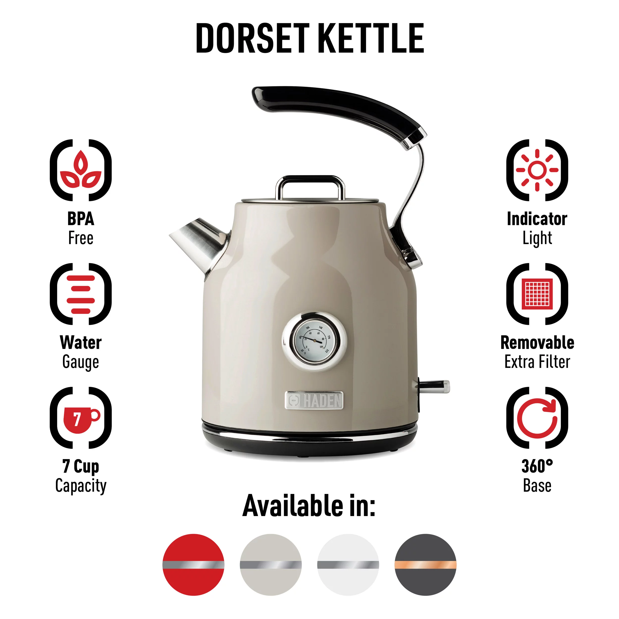 Haden Dorset 1.7 Liter Stainless Steel Electric Kettle, Putty- 75002