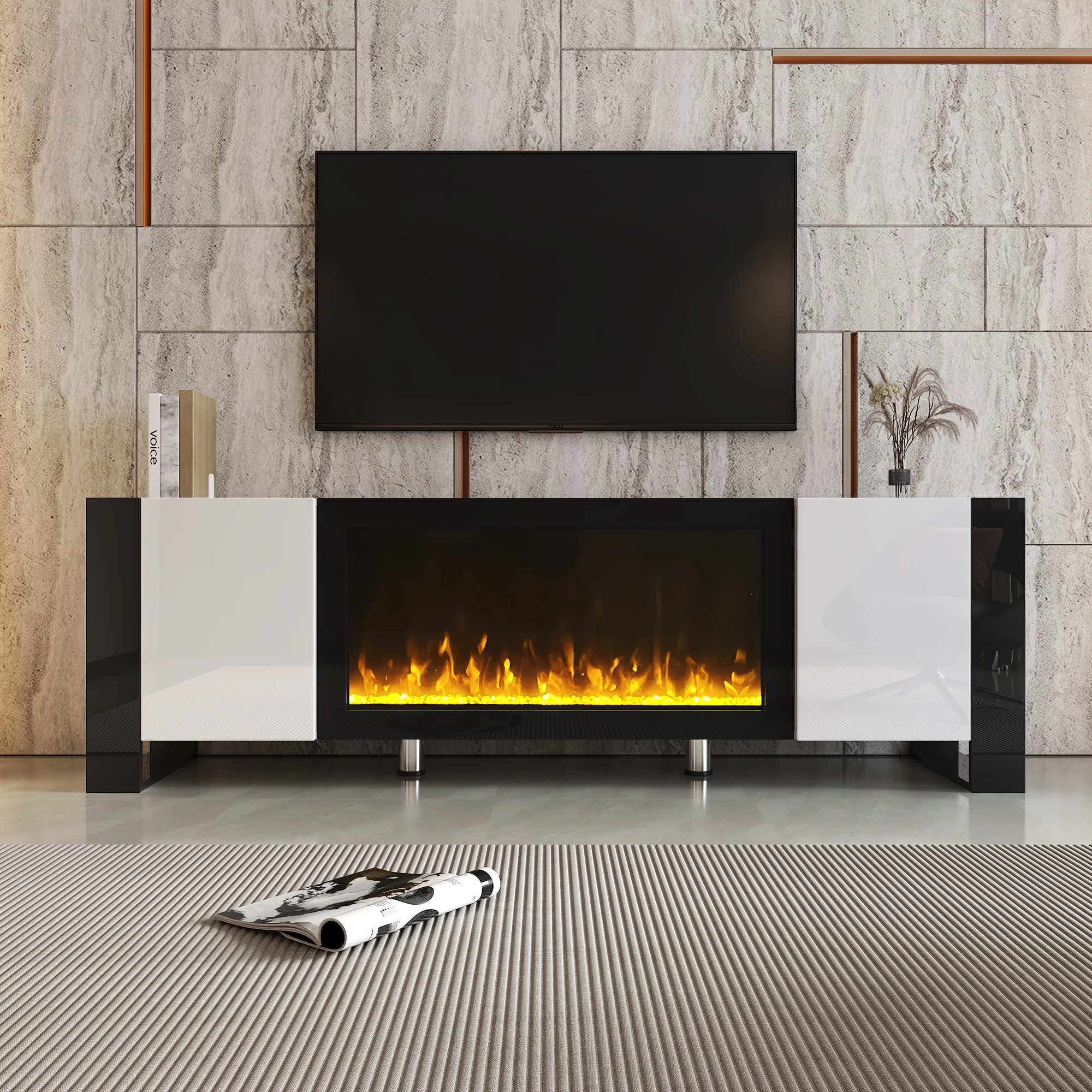 EUROCO TV Stand for 70' TV Entertainment Center TV Media Console Table with 34.2' Electric Fireplace, 2 Cabinets, White