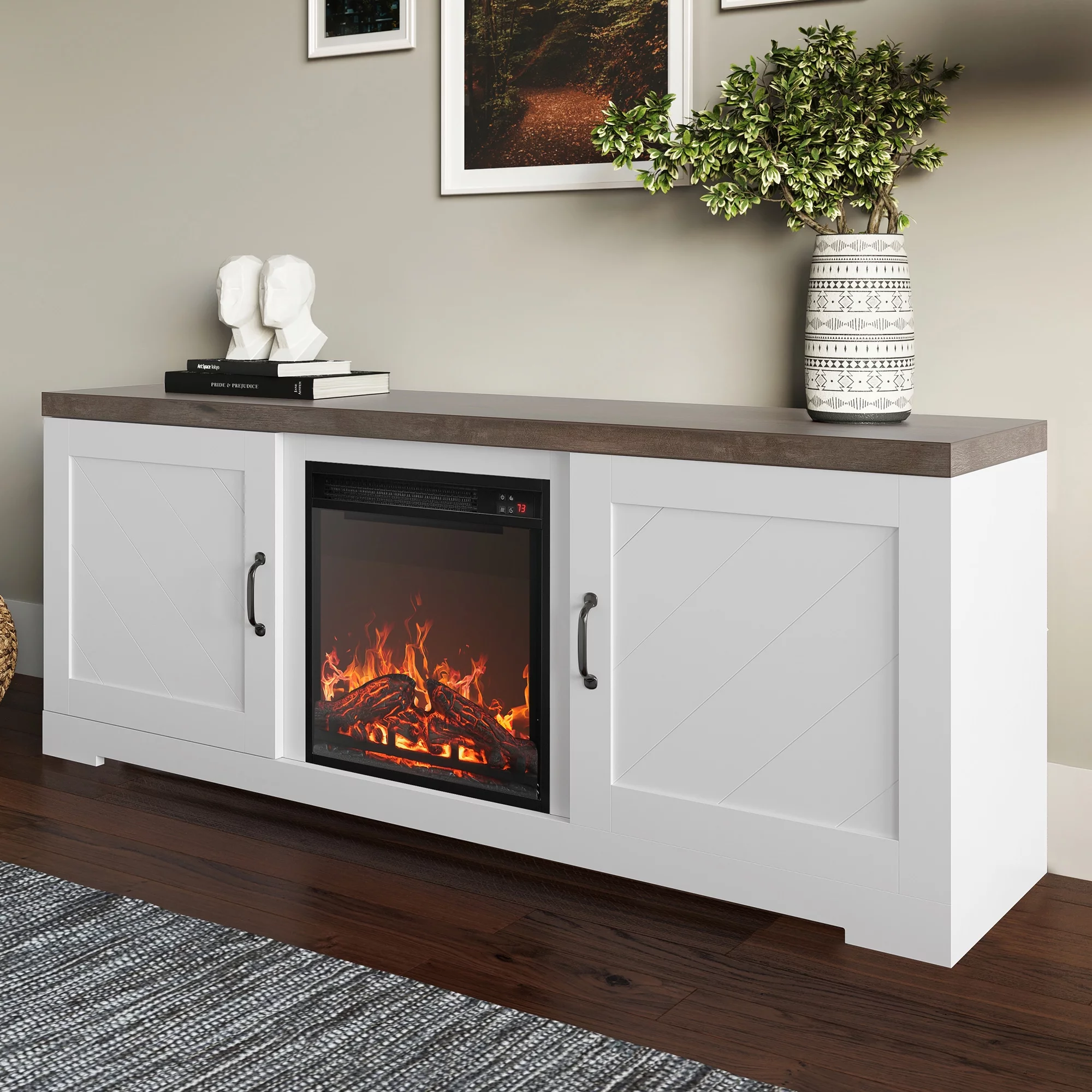 BELLEZE Modern 58 Inch Farmhouse TV Stand with 18 Inch Electric Fireplace & Media Entertainment Center Console Table for TV up to 65 Inch with Storage Cabinets and Infrared Heater - Hilo (White)