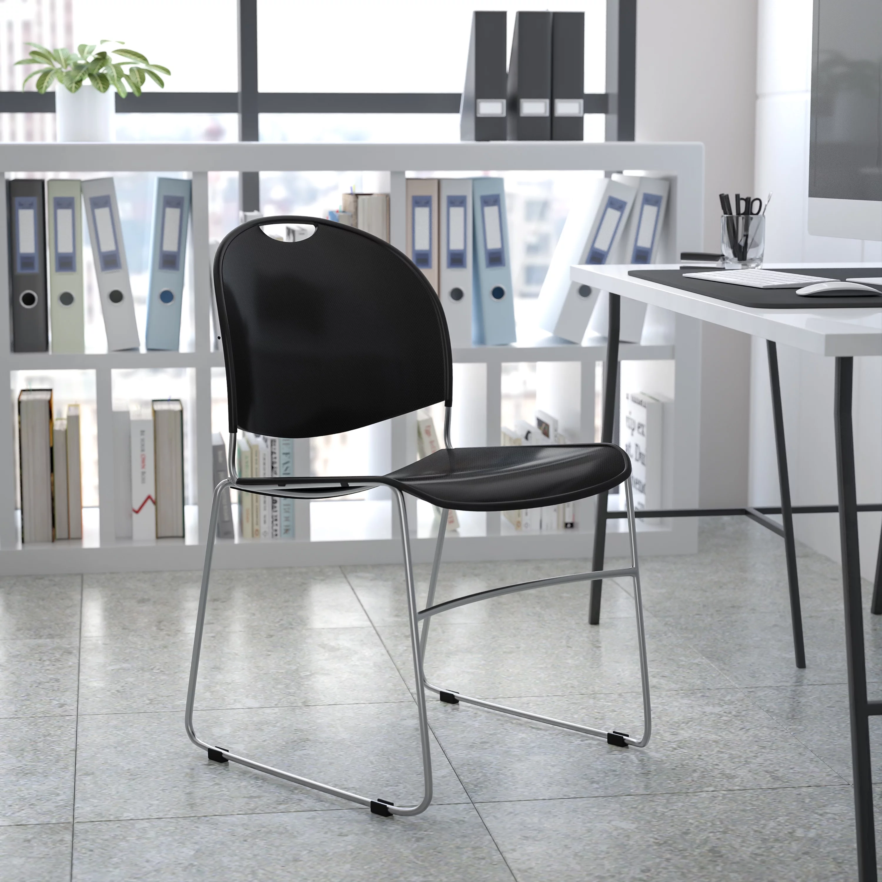 Flash Furniture 5 Pack HERCULES Series 880 lb. Capacity Black Ultra-Compact Stack Chair with Chrome Frame